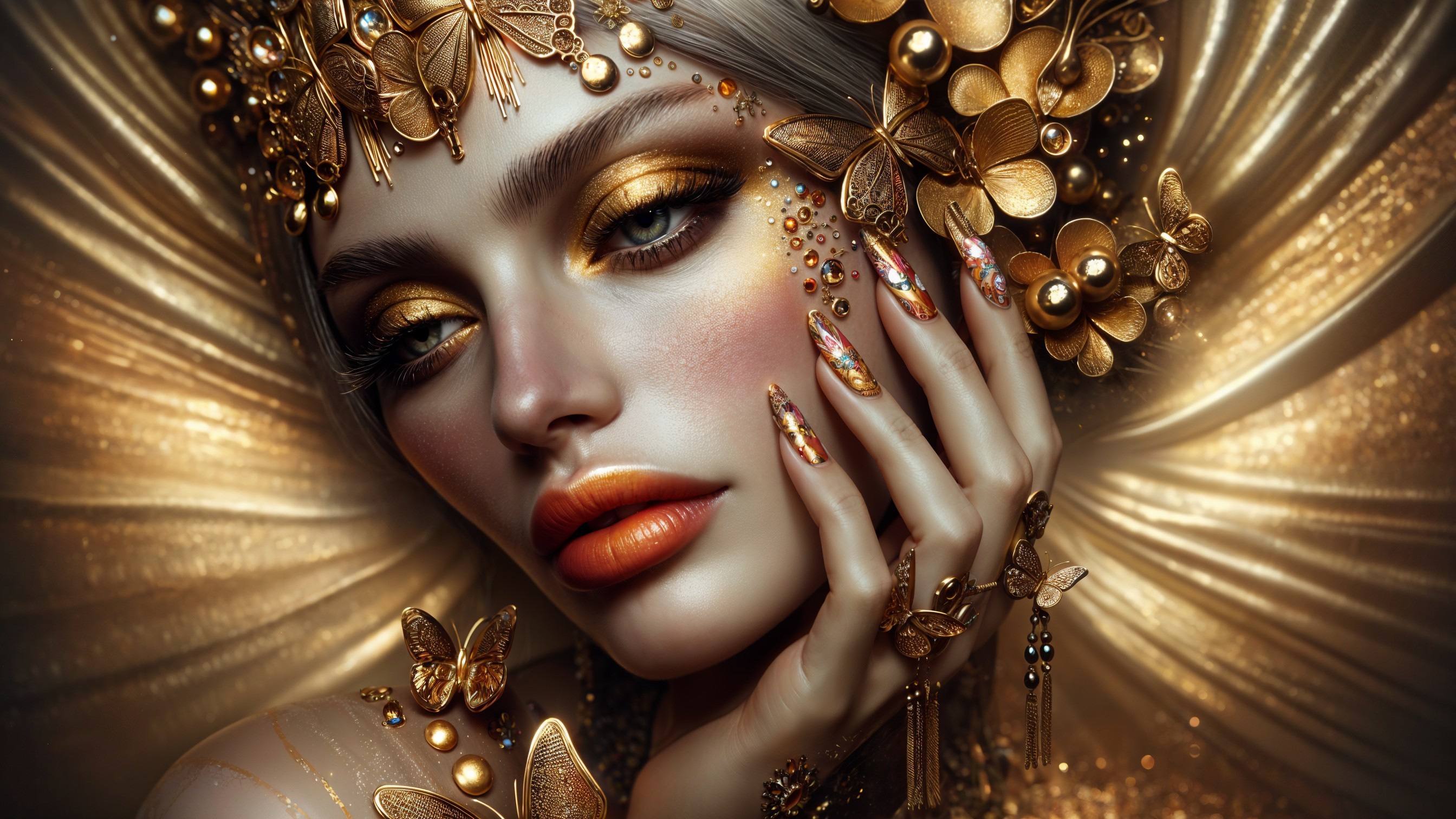 Glamorous Figure with Golden Butterfly Crown and Jewelry