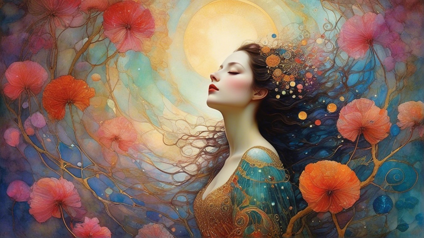 Serene Woman in Colorful Gown Surrounded by Flowers