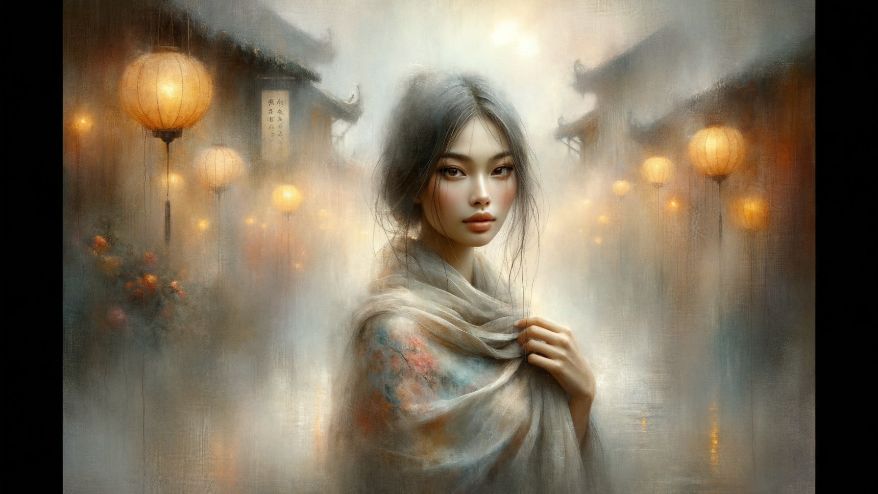 Serene Woman in Misty Street with Lanterns and Architecture