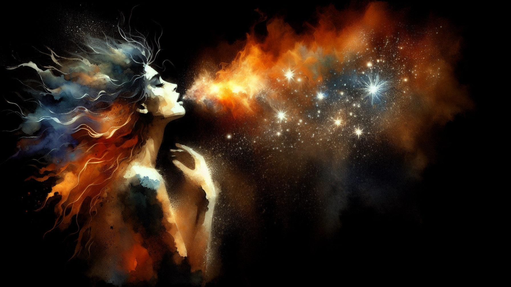 Woman with Vibrant Hair Exhaling Cosmic Colors