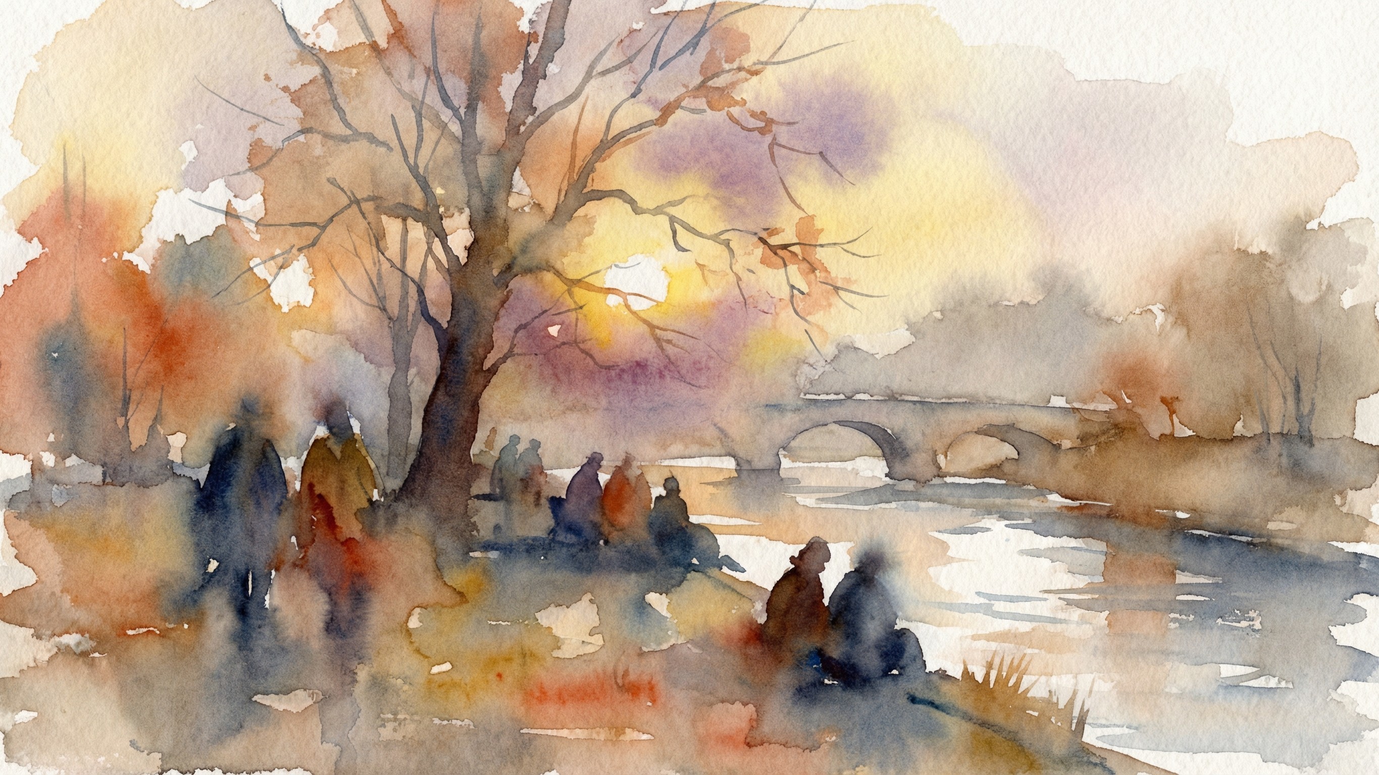Tranquil Autumn Sunset Watercolor Painting Description
