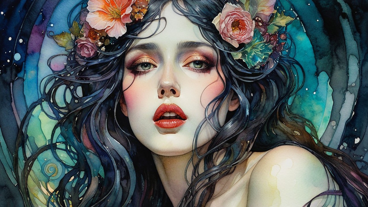 Portrait of a Young Woman with Flowers and Swirling Colors