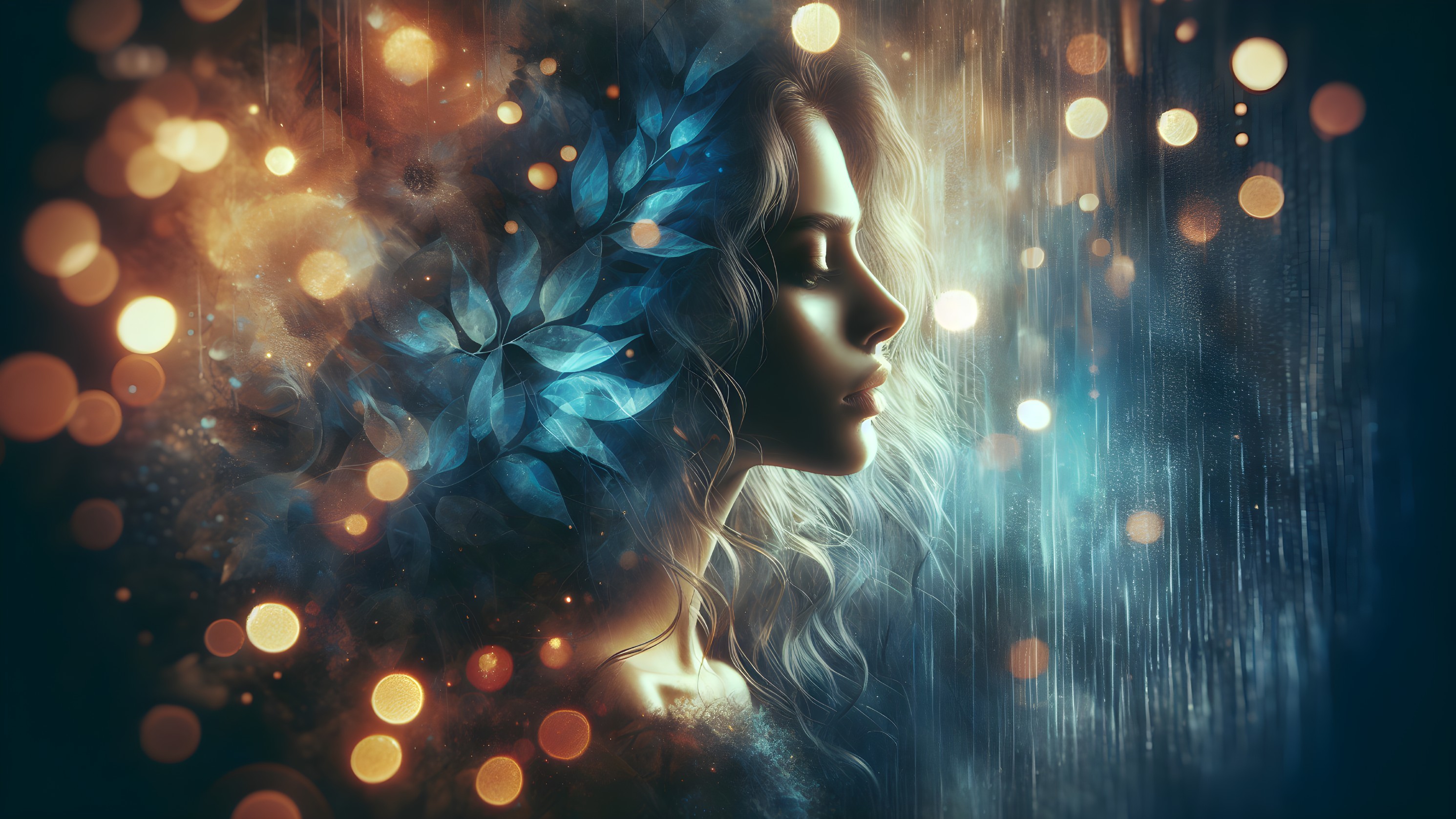 Mystical Woman in Shimmering Lights and Ethereal Foliage