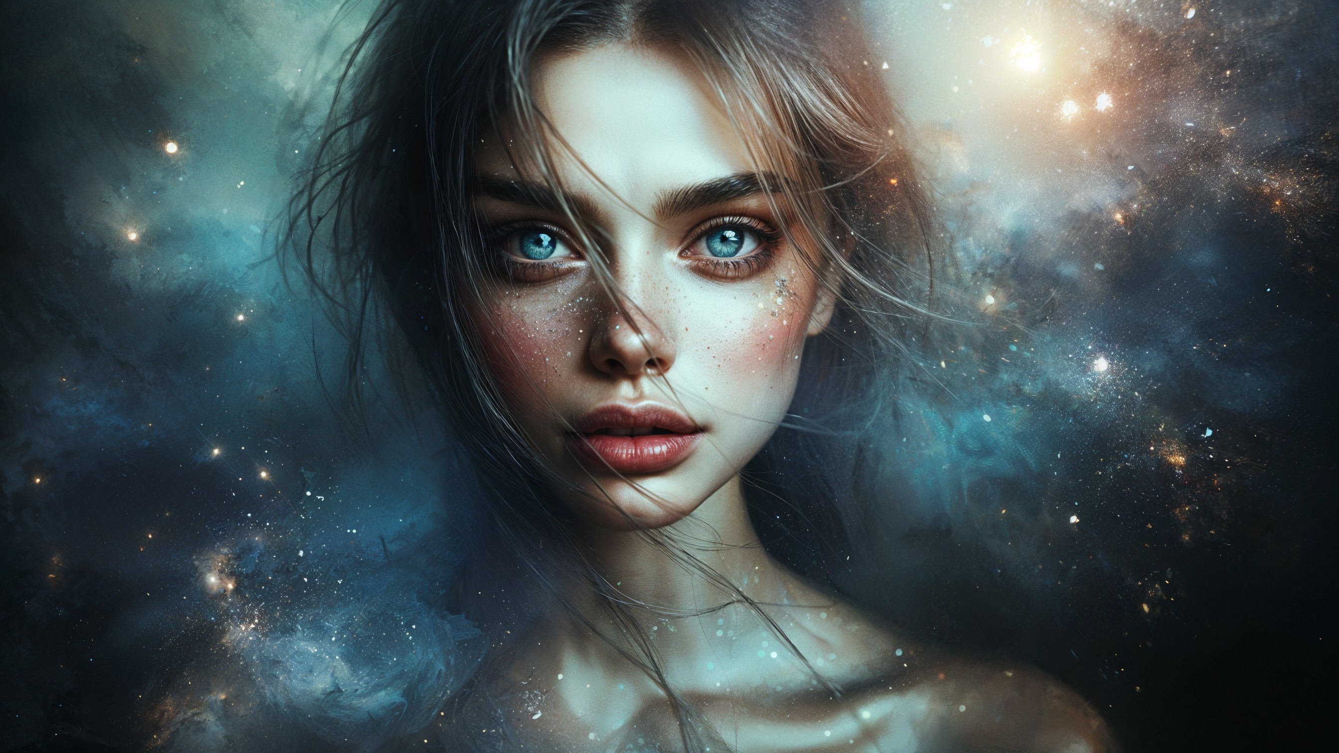 Portrait of a woman with blue eyes in cosmic setting