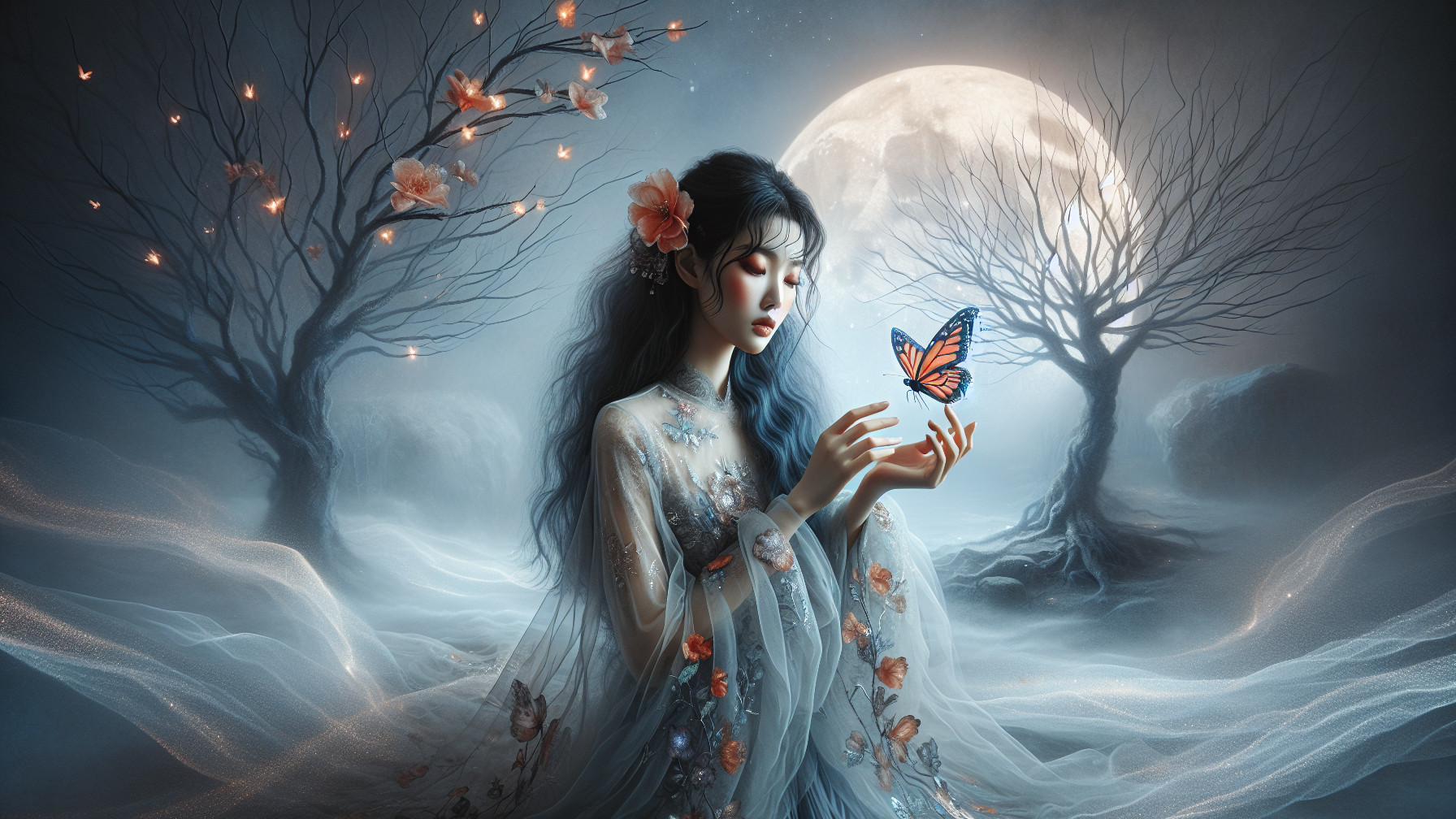 Young Woman in Ethereal Gown in Mystical Landscape