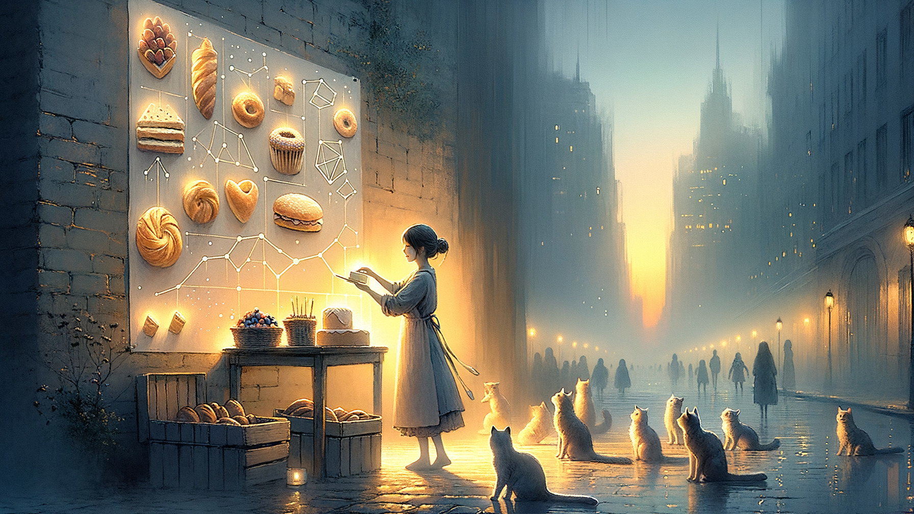 Twilight Bakery Stall with Pastries and Cats