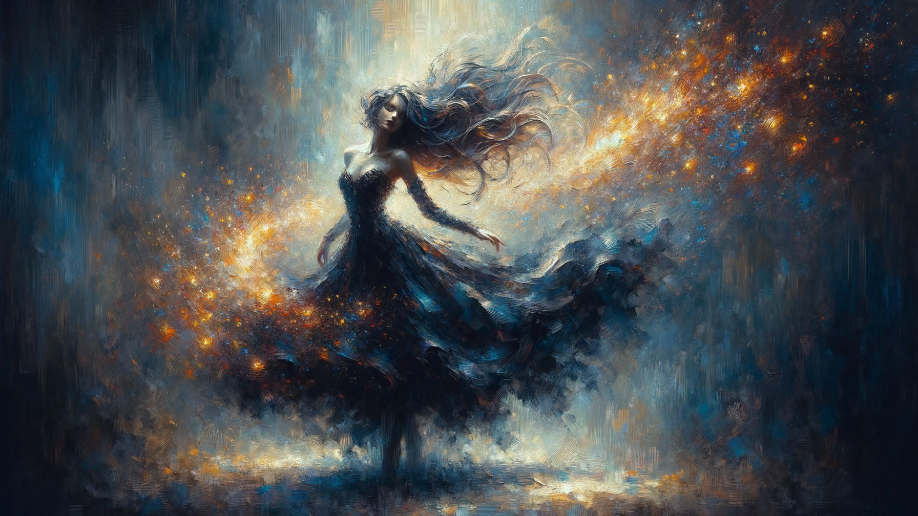 Galactic Dress and Stardust Hair in Cosmic Scene