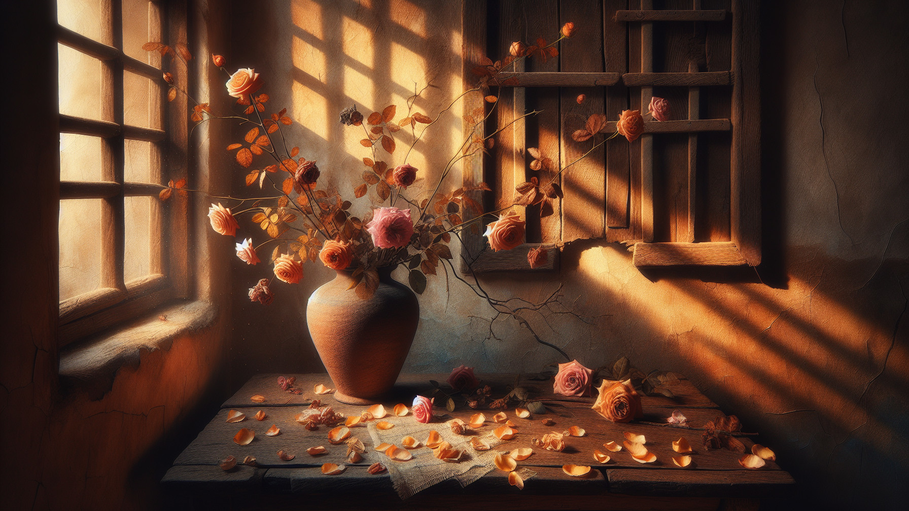 Rustic Vase with Roses on Weathered Wooden Table