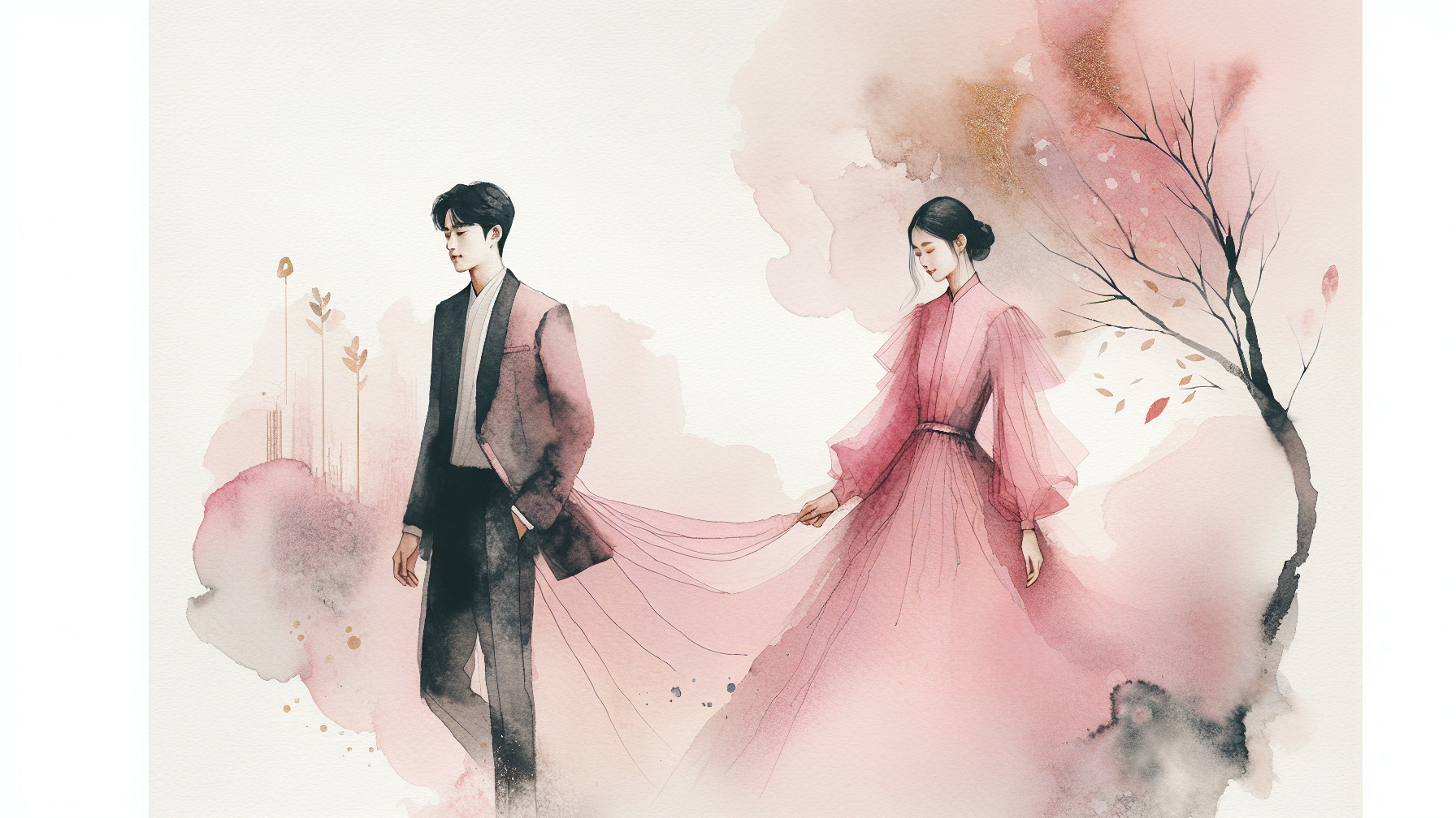 Watercolor Painting of Figures in Pink and Brown Wash