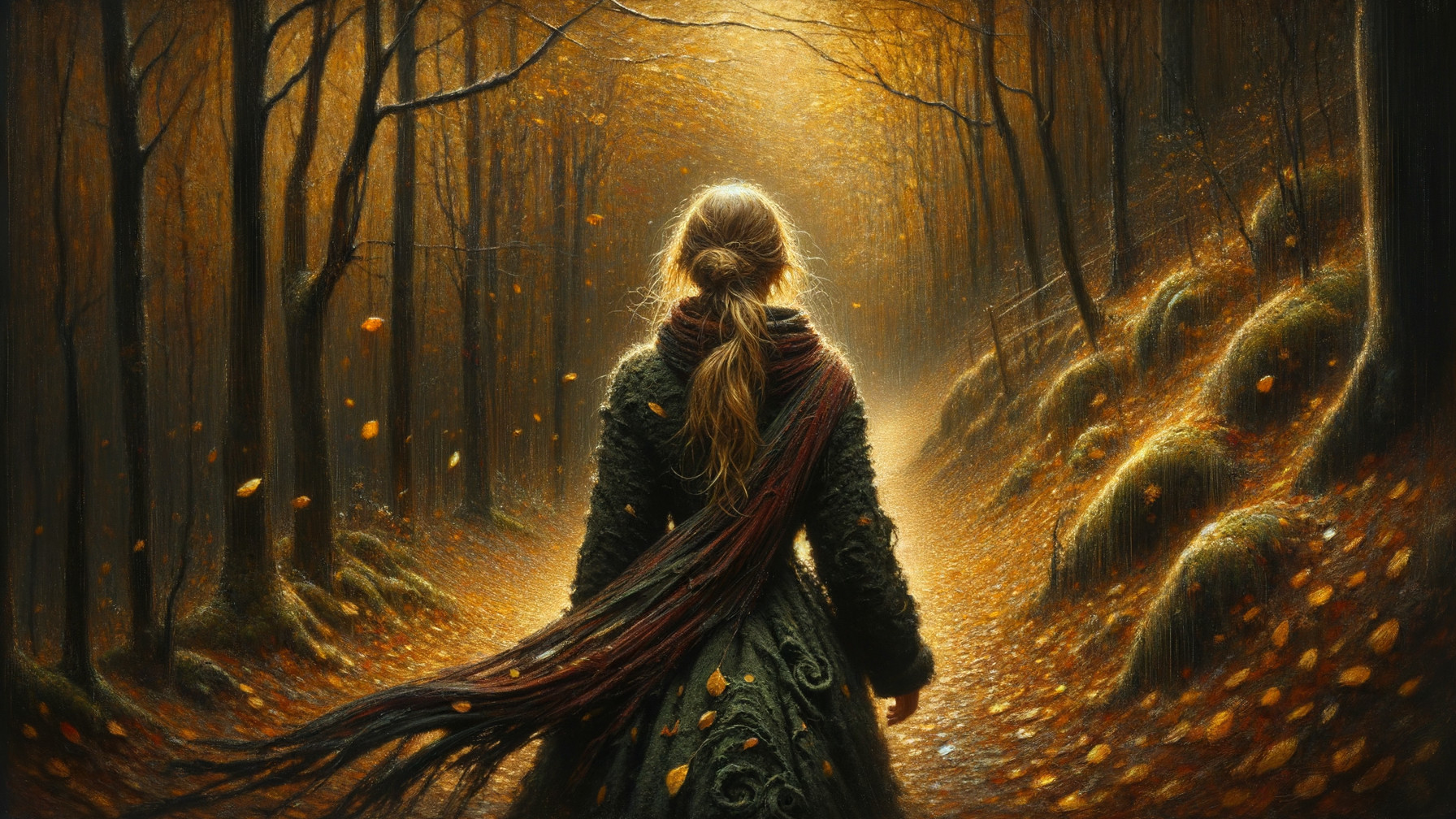 Young Woman in Serene Autumn Forest Pathway