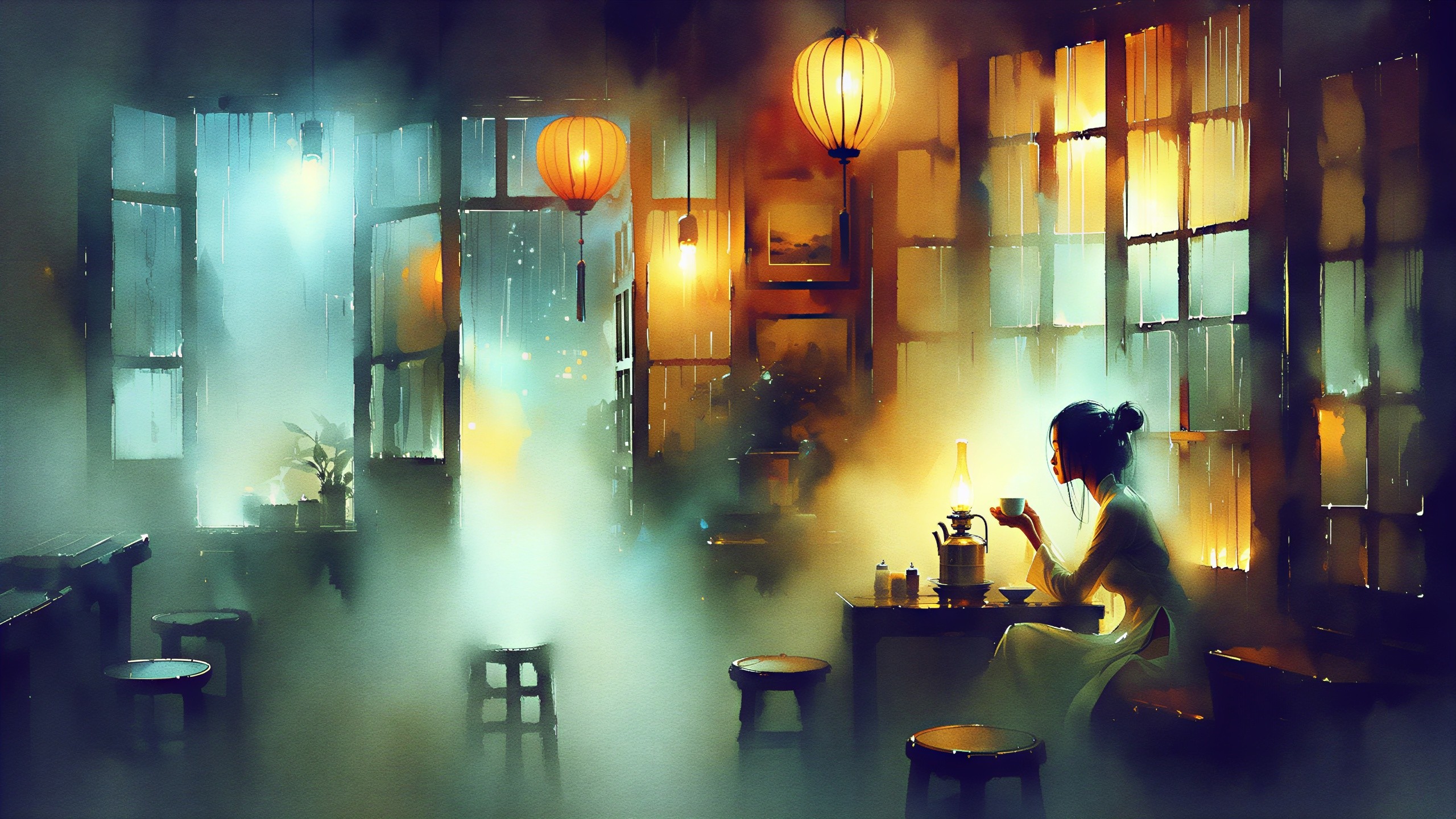 Woman in Traditional Attire in a Warmly Lit Room