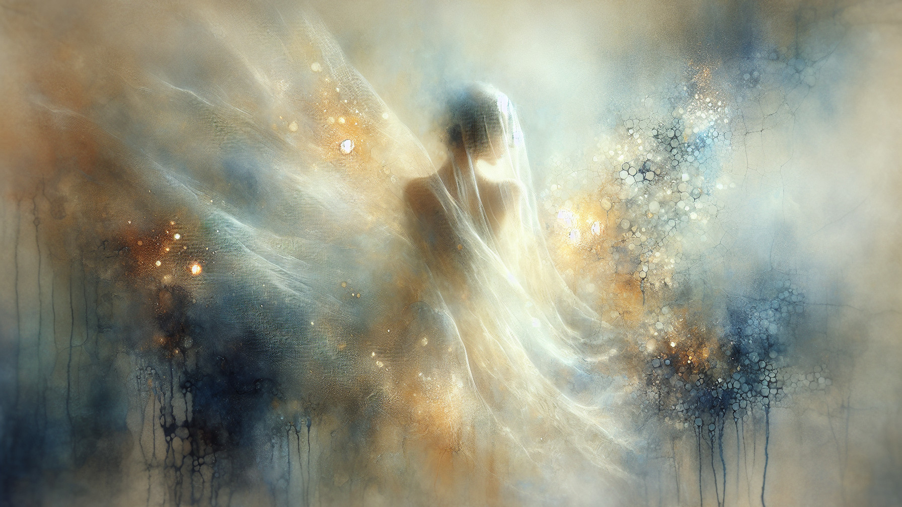 Mystical figure with ethereal wings in soft colors