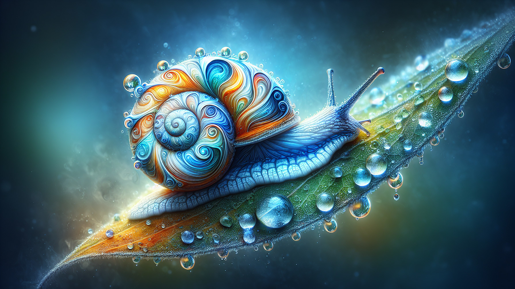Colorful Snail on Leaf with Water Droplets and Light
