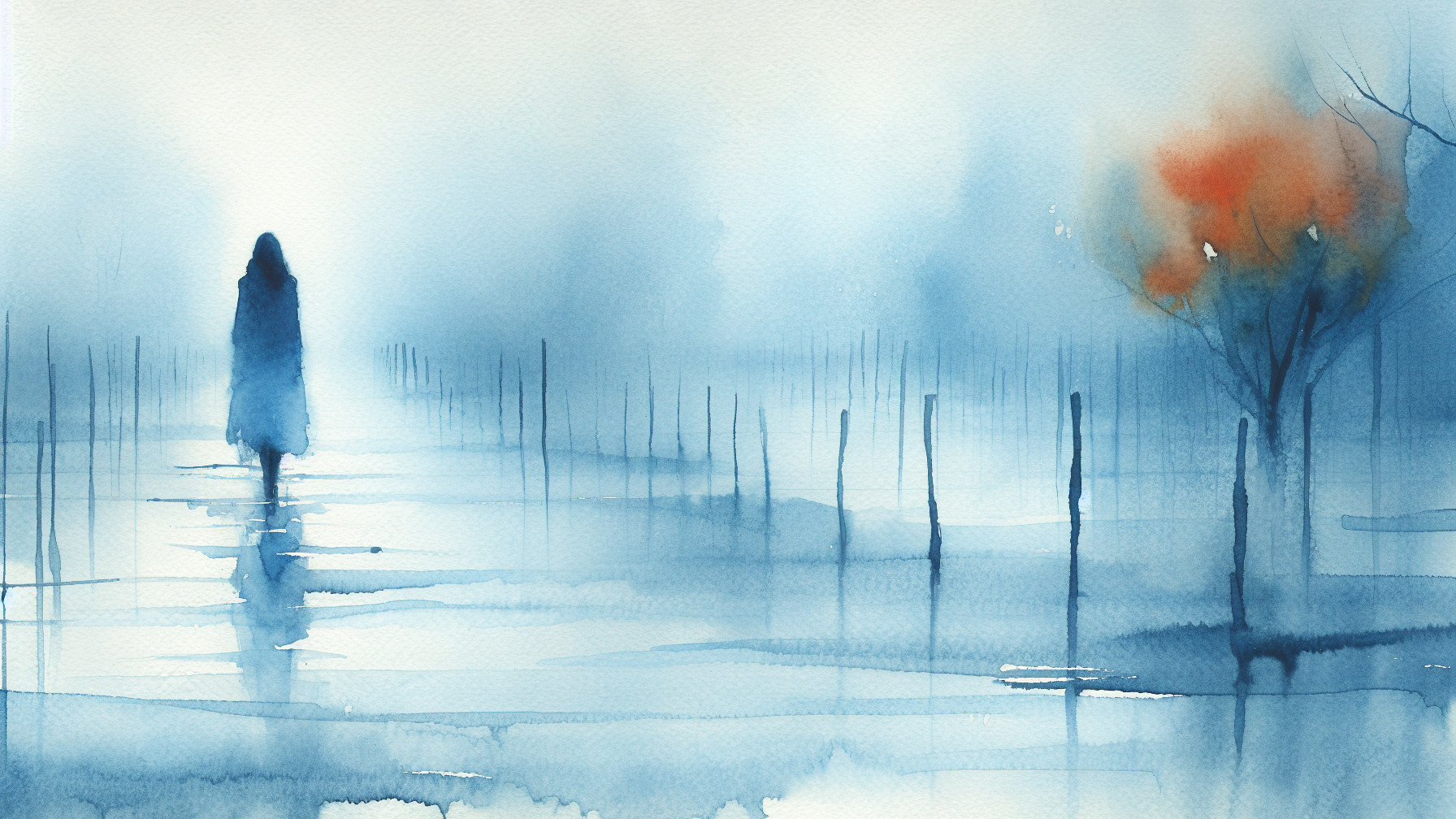 Solitary Figure in Misty Landscape with Water Reflection