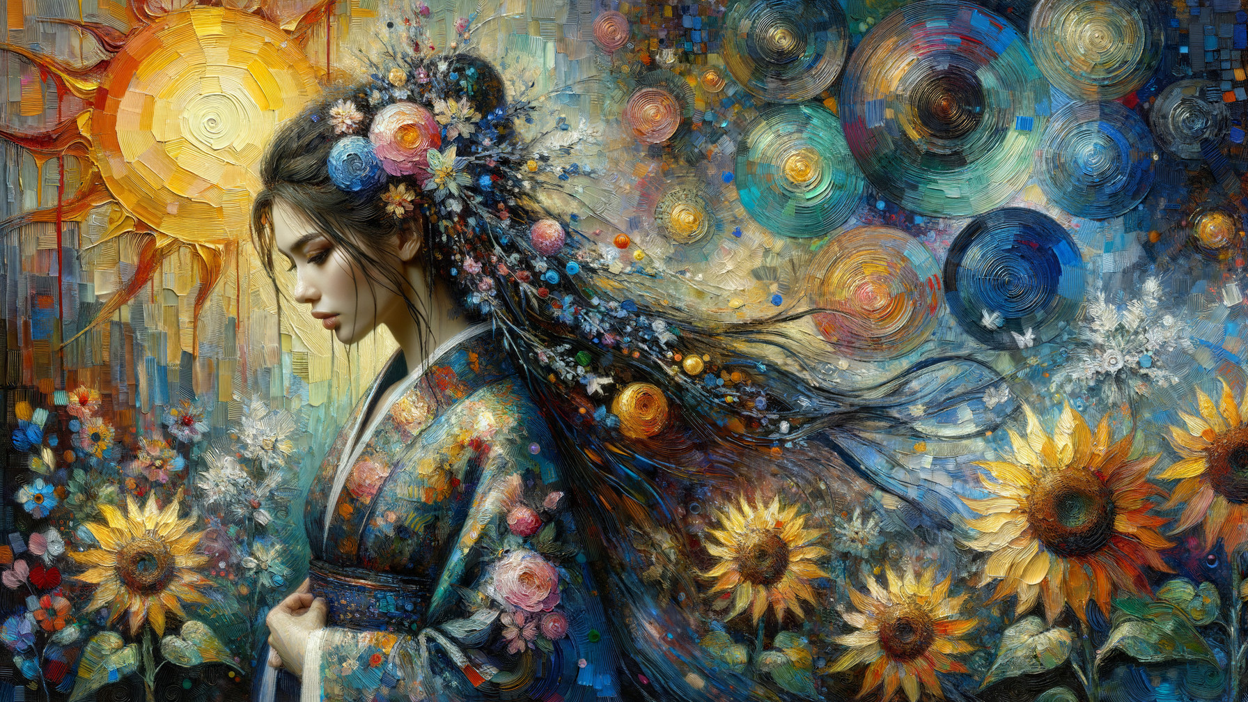 Young Woman in Kimono Surrounded by Sunflowers