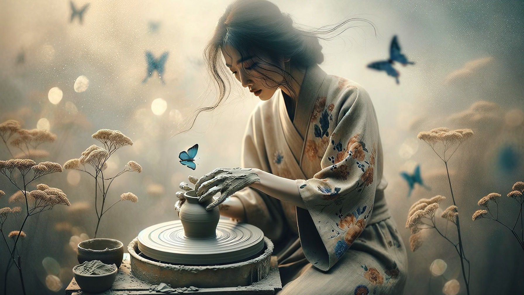 Woman in Kimono Shaping Clay with Butterflies Nearby