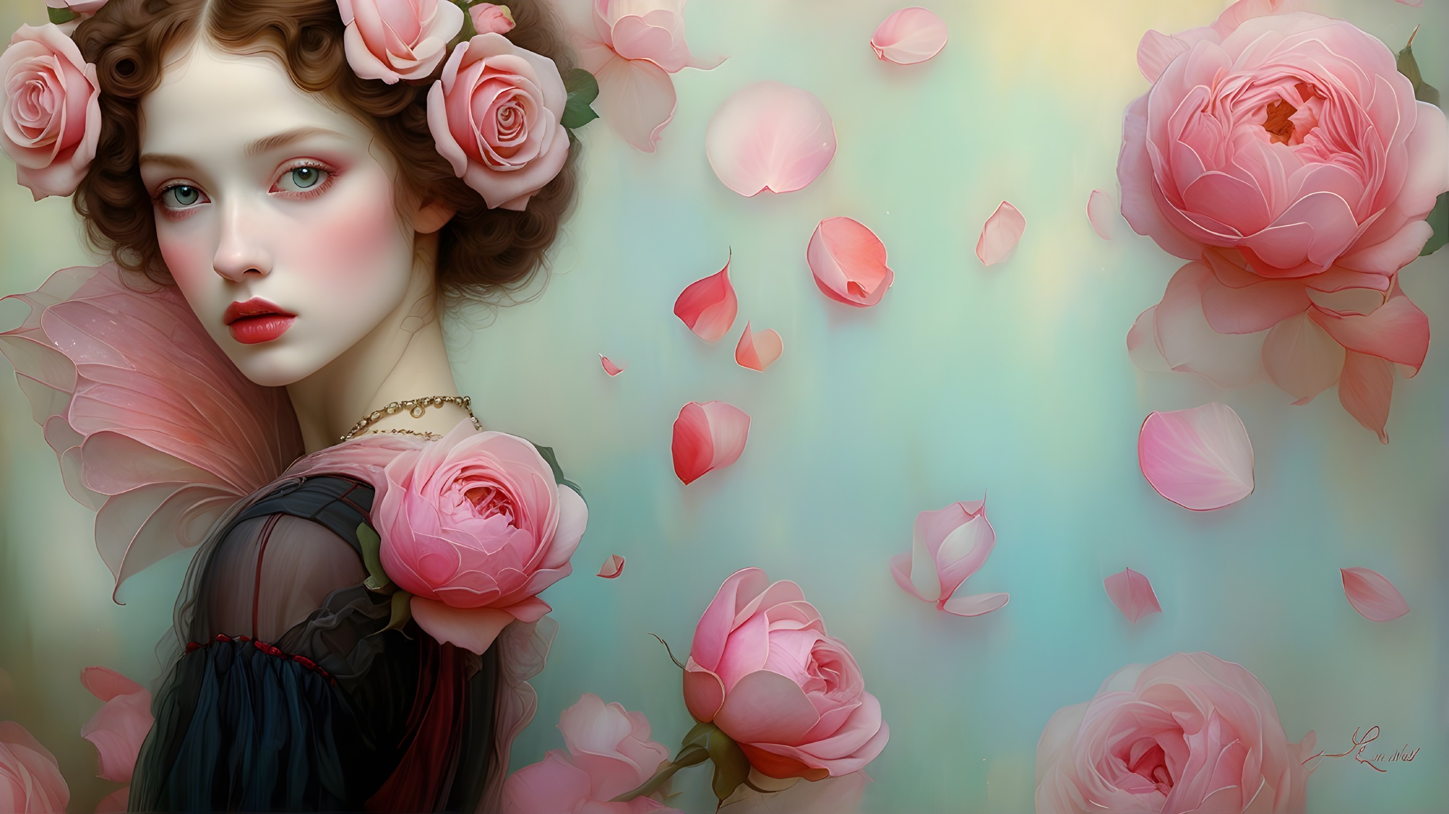 Young woman with roses in hair and serene expression