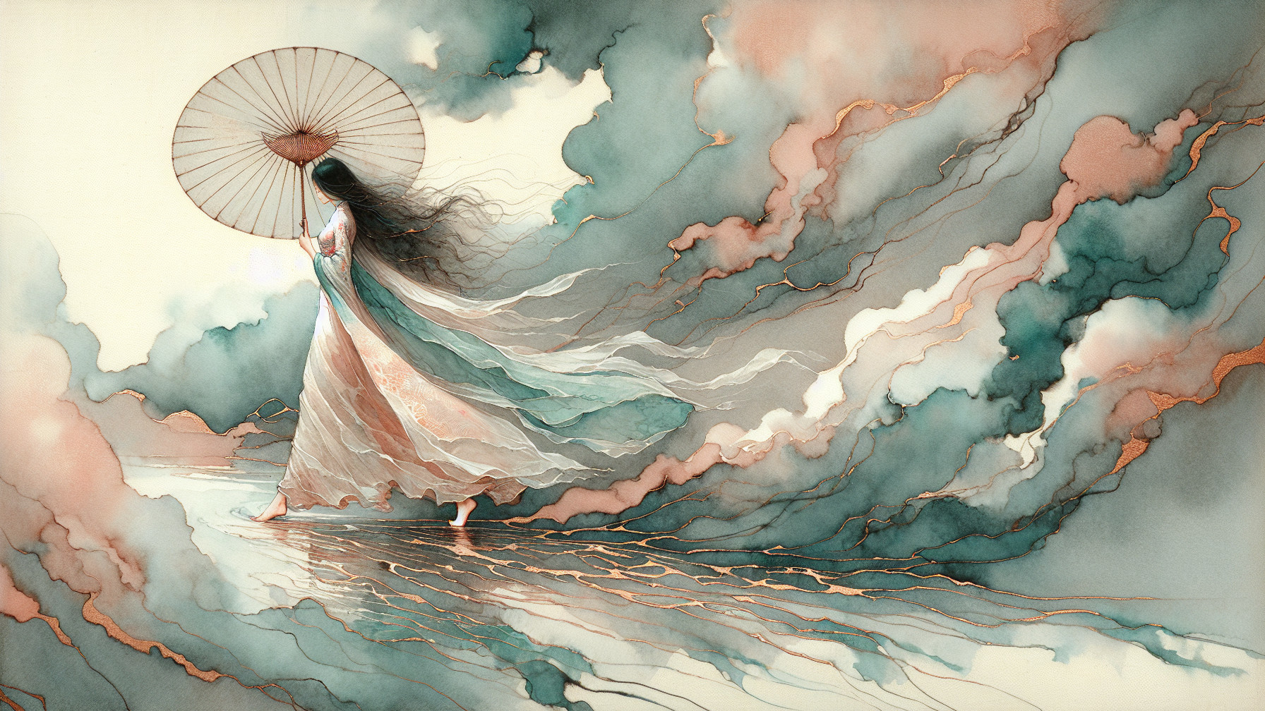 Serene figure on winding path with delicate parasol