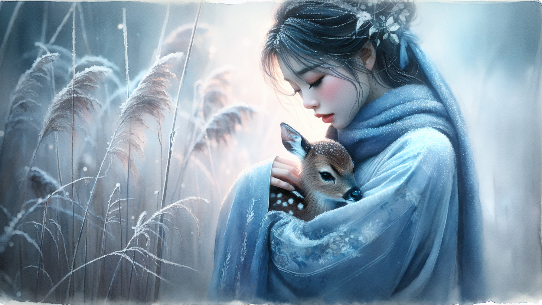 Winter Scene with Woman and Fawn in Snowfall