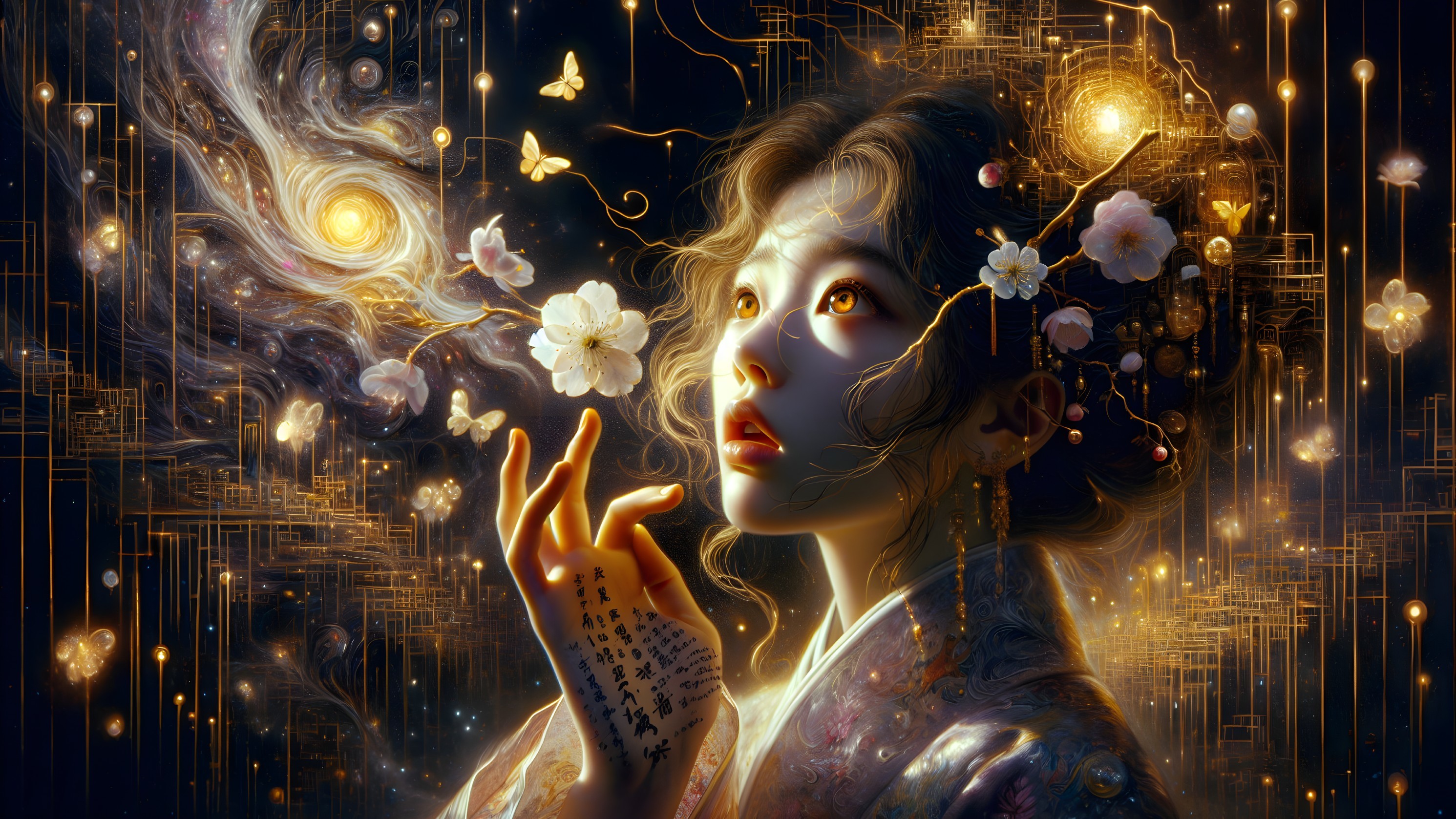Woman in Traditional Attire Amid Cosmic Energy