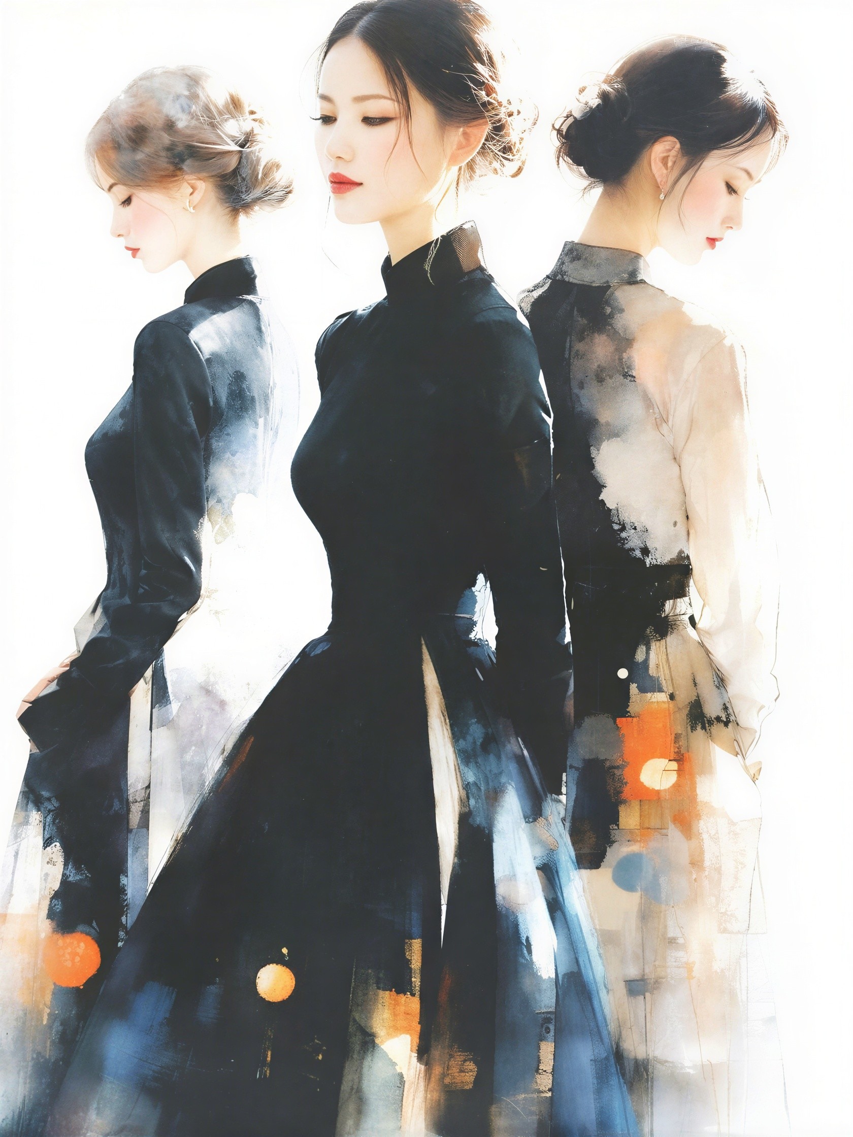 Elegant Ink Wash Painting of Three Asian Women