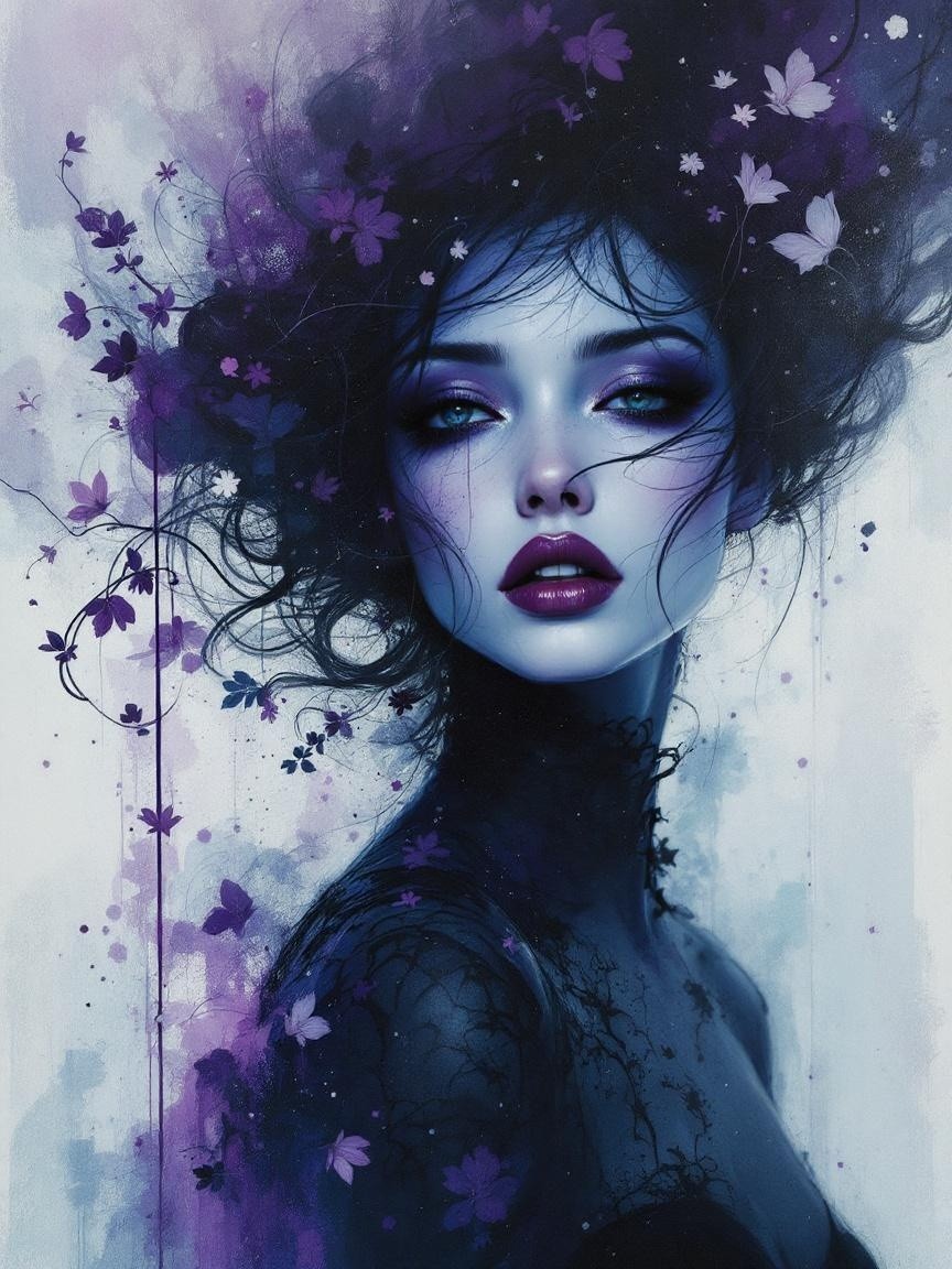 Ethereal portrait of a woman with butterflies and flowers