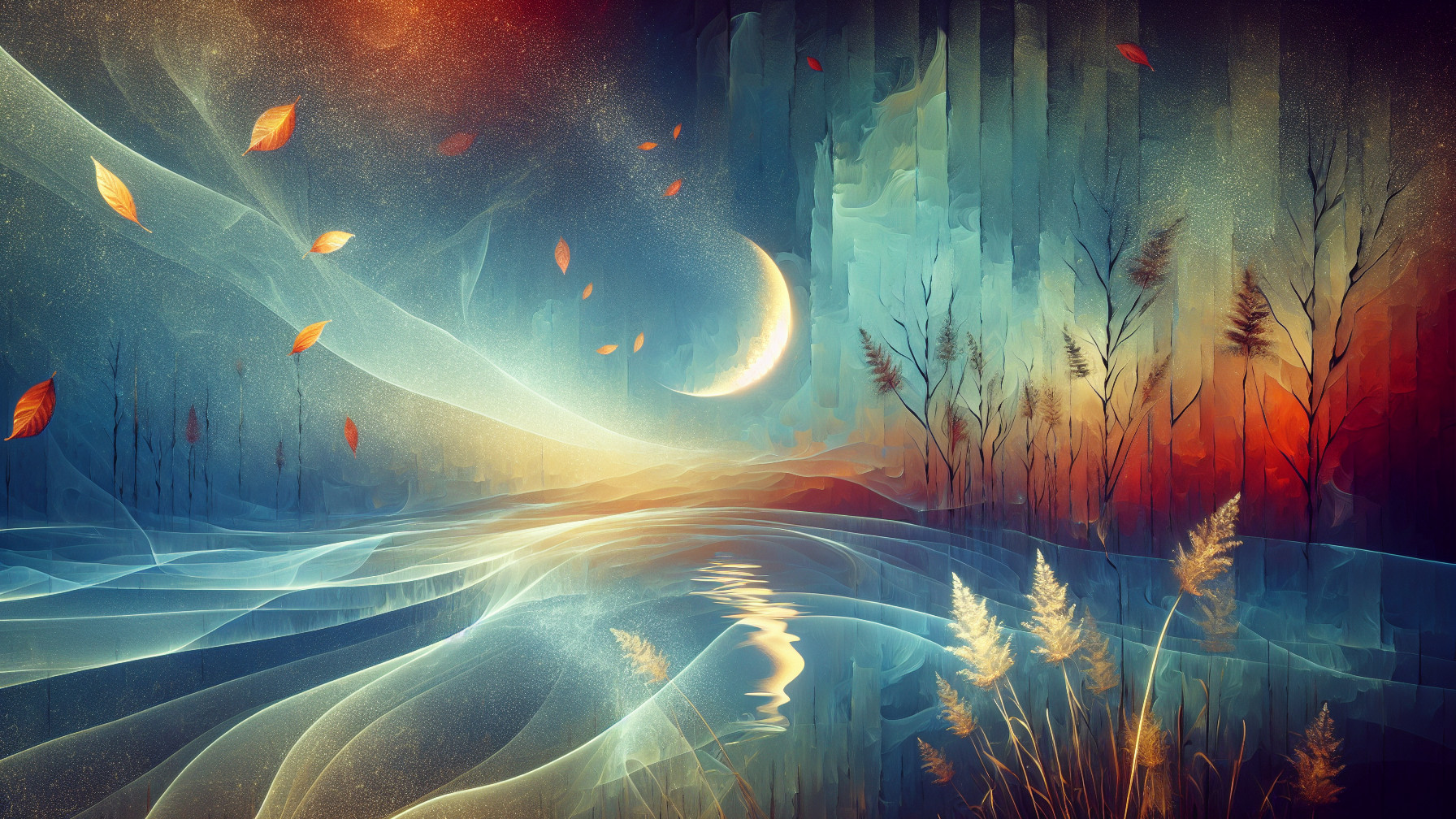 Dreamy Landscape with Soft Colors and Crescent Moon