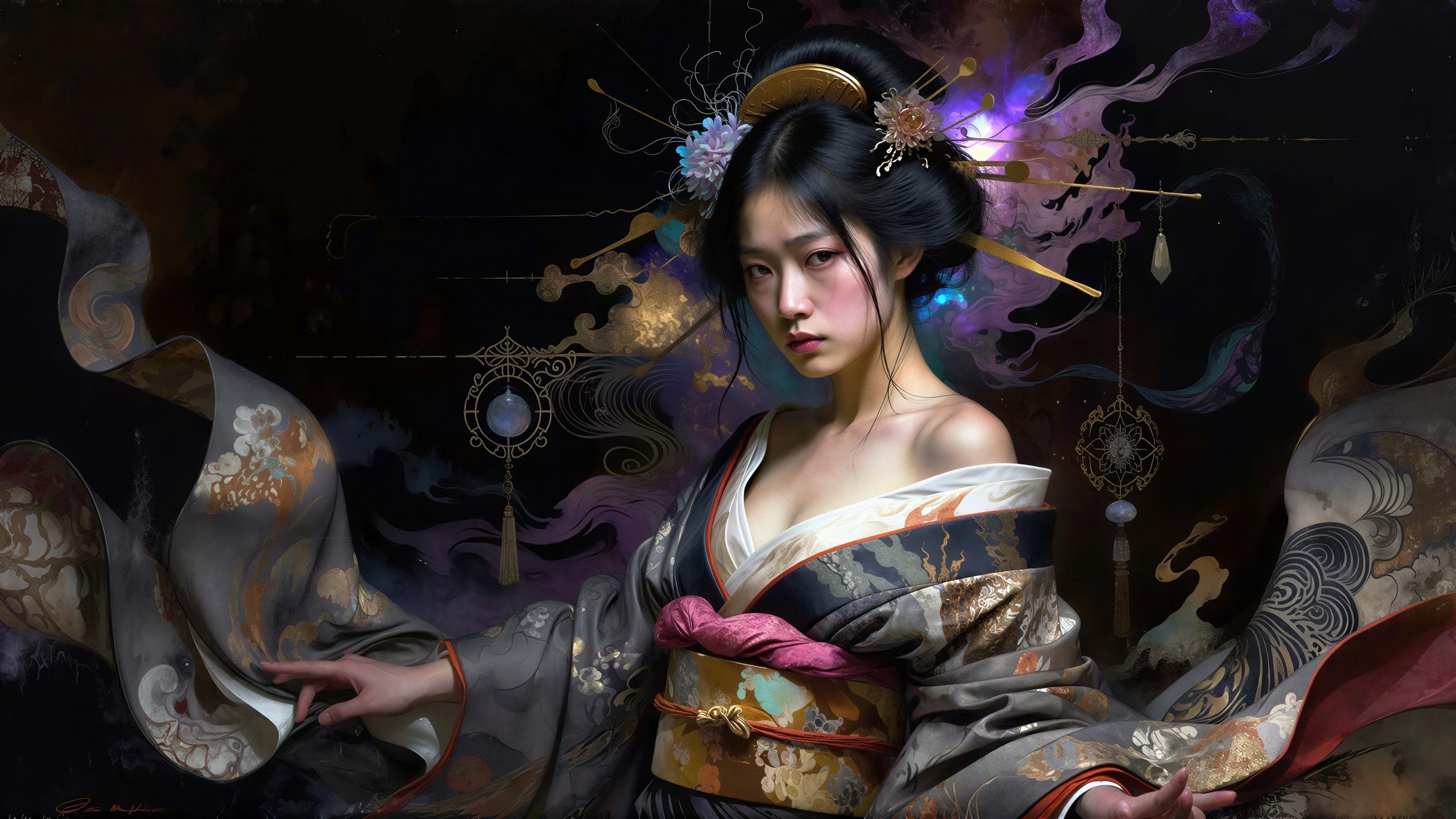 Portrait of a Serene Young Woman in Ornate Kimono