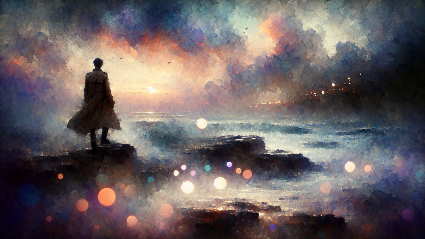 Solitary Figure by the Sea at Vibrant Sunset