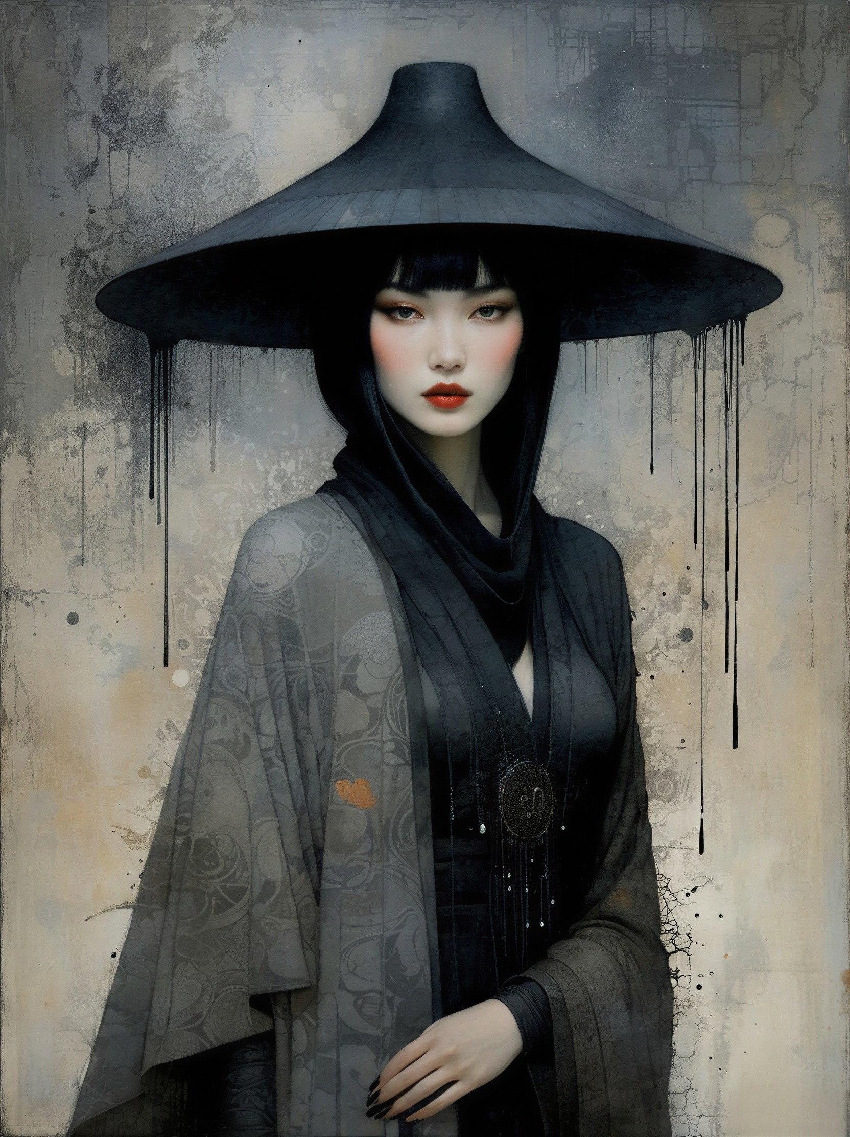 Mysterious Figure in Black Hat Against Textured Backdrop