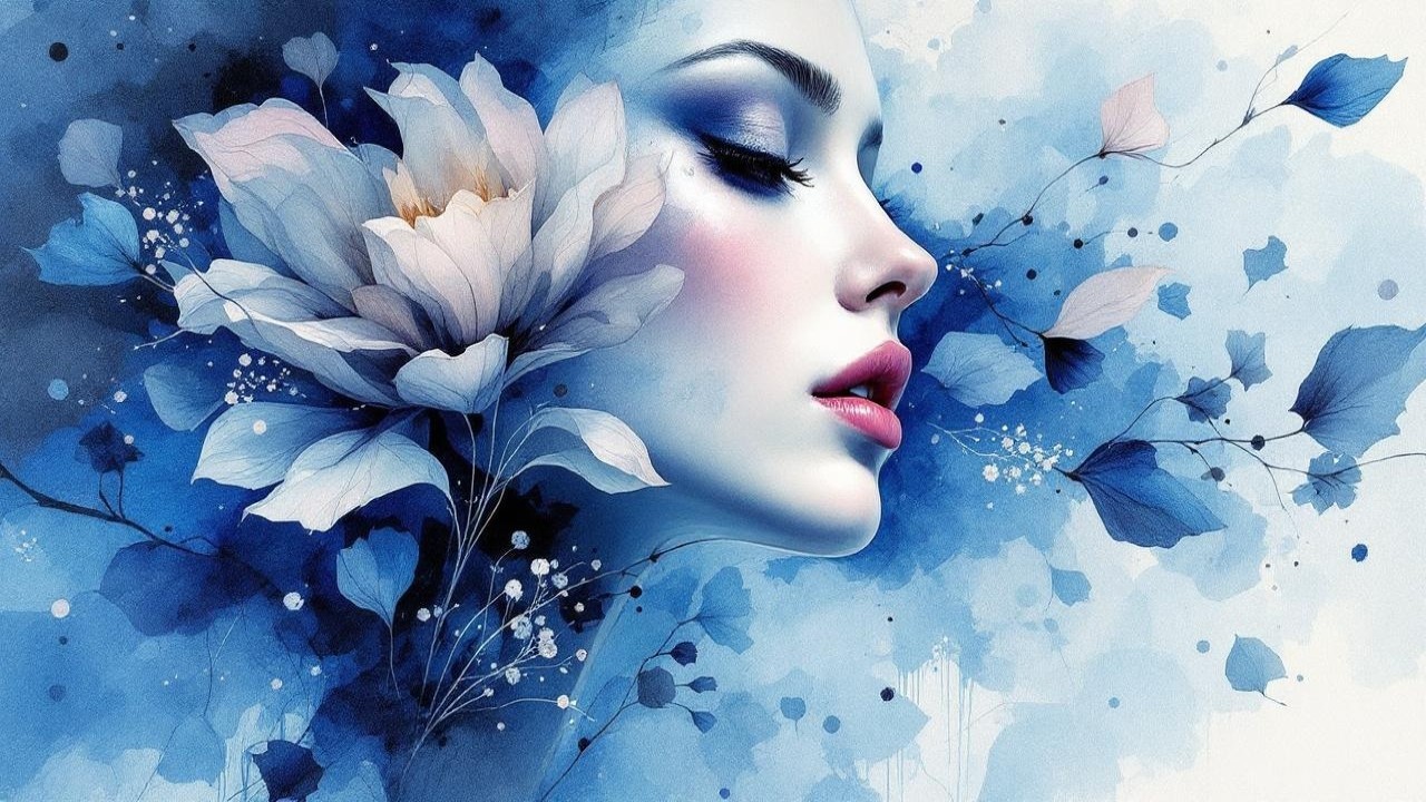 Delicate Woman's Profile with Floral and Blue Hues
