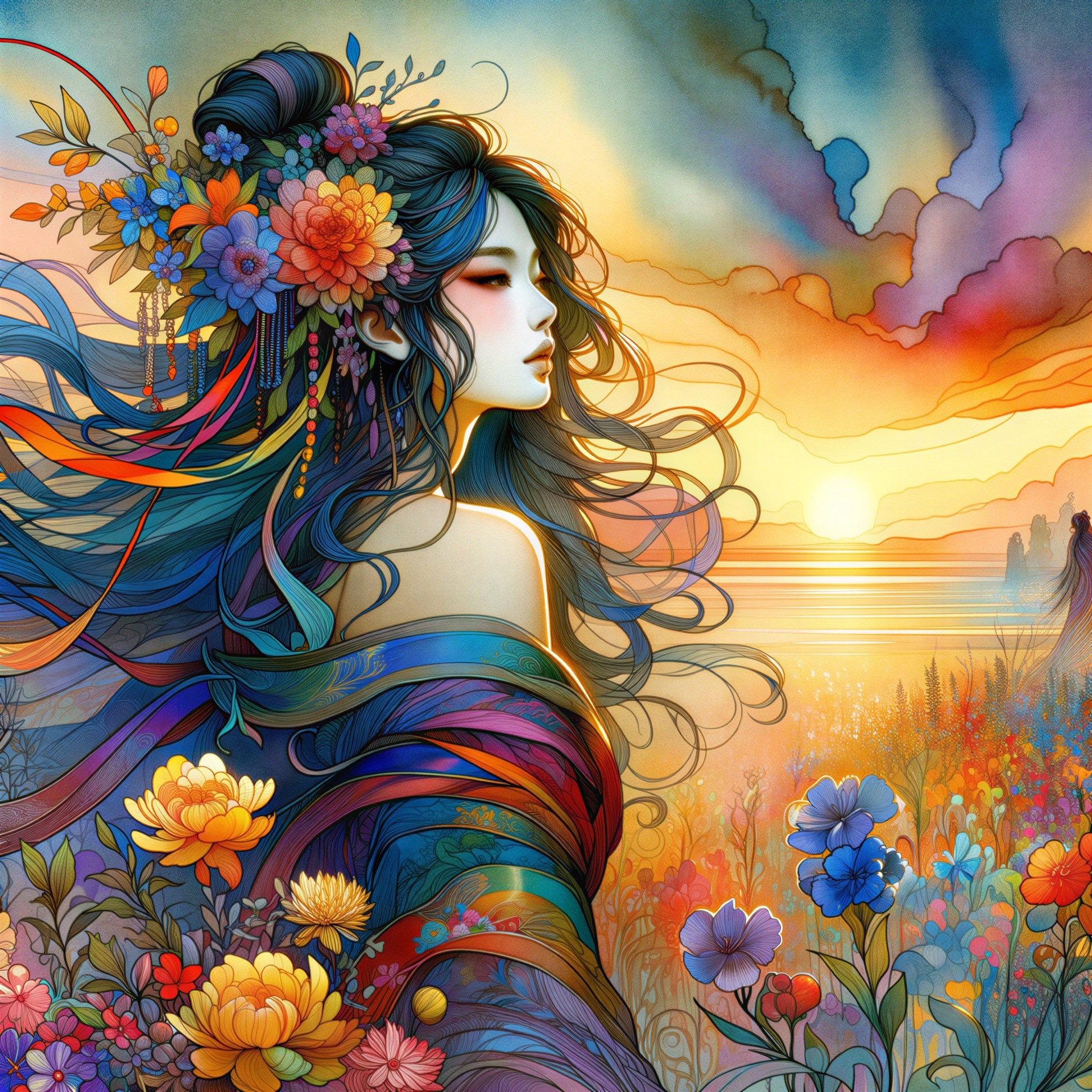Serene Woman in Flower Field at Sunset