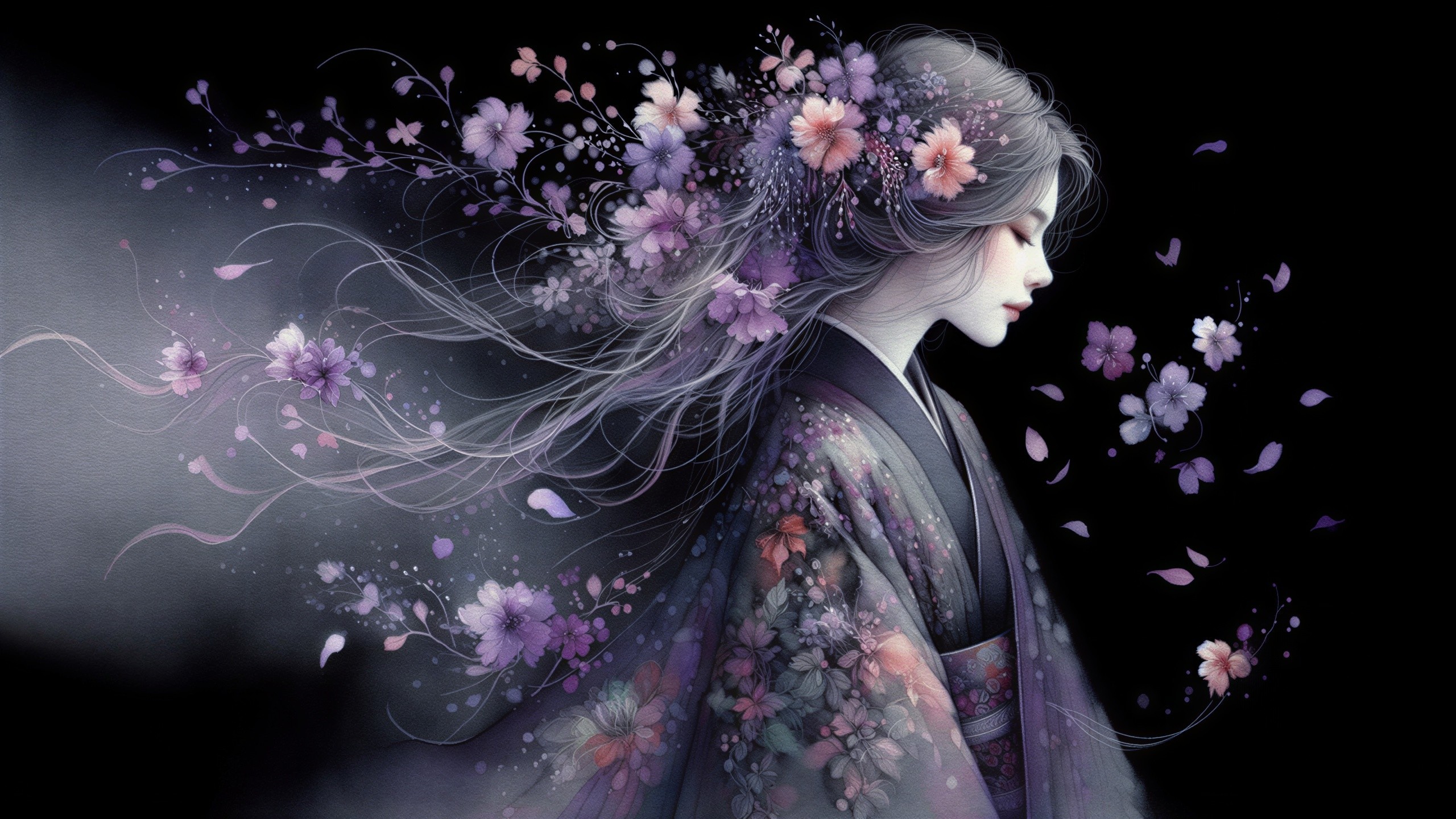 Portrait of a woman in a kimono with cherry blossoms