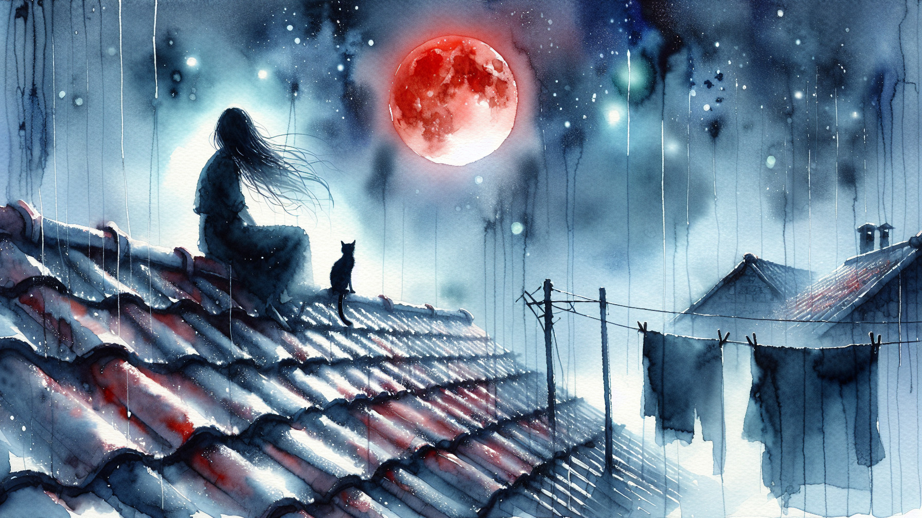 Silhouetted Figure and Cat Under a Red Moon Night Scene