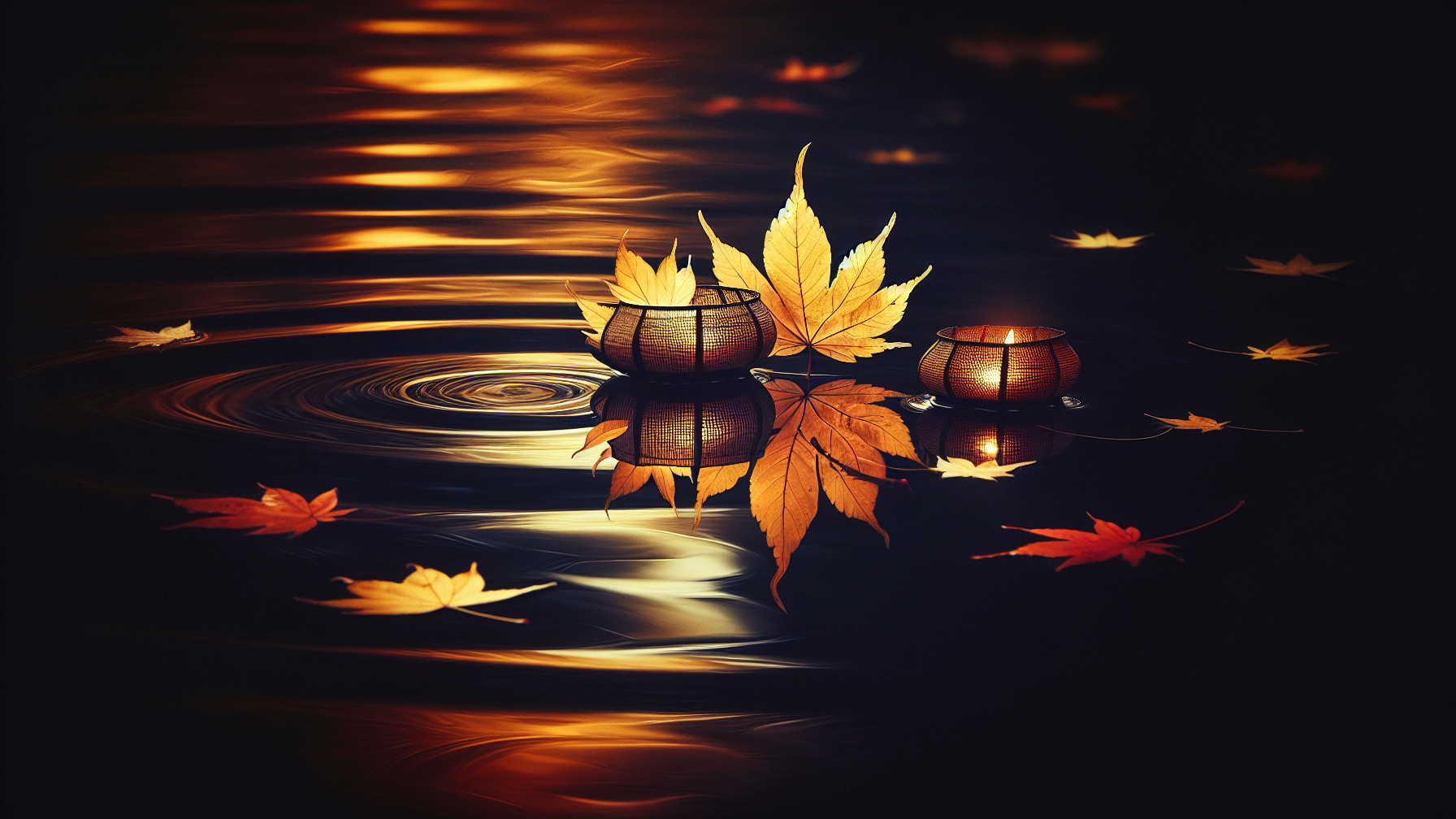 Serene Water with Lanterns and Autumn Leaves