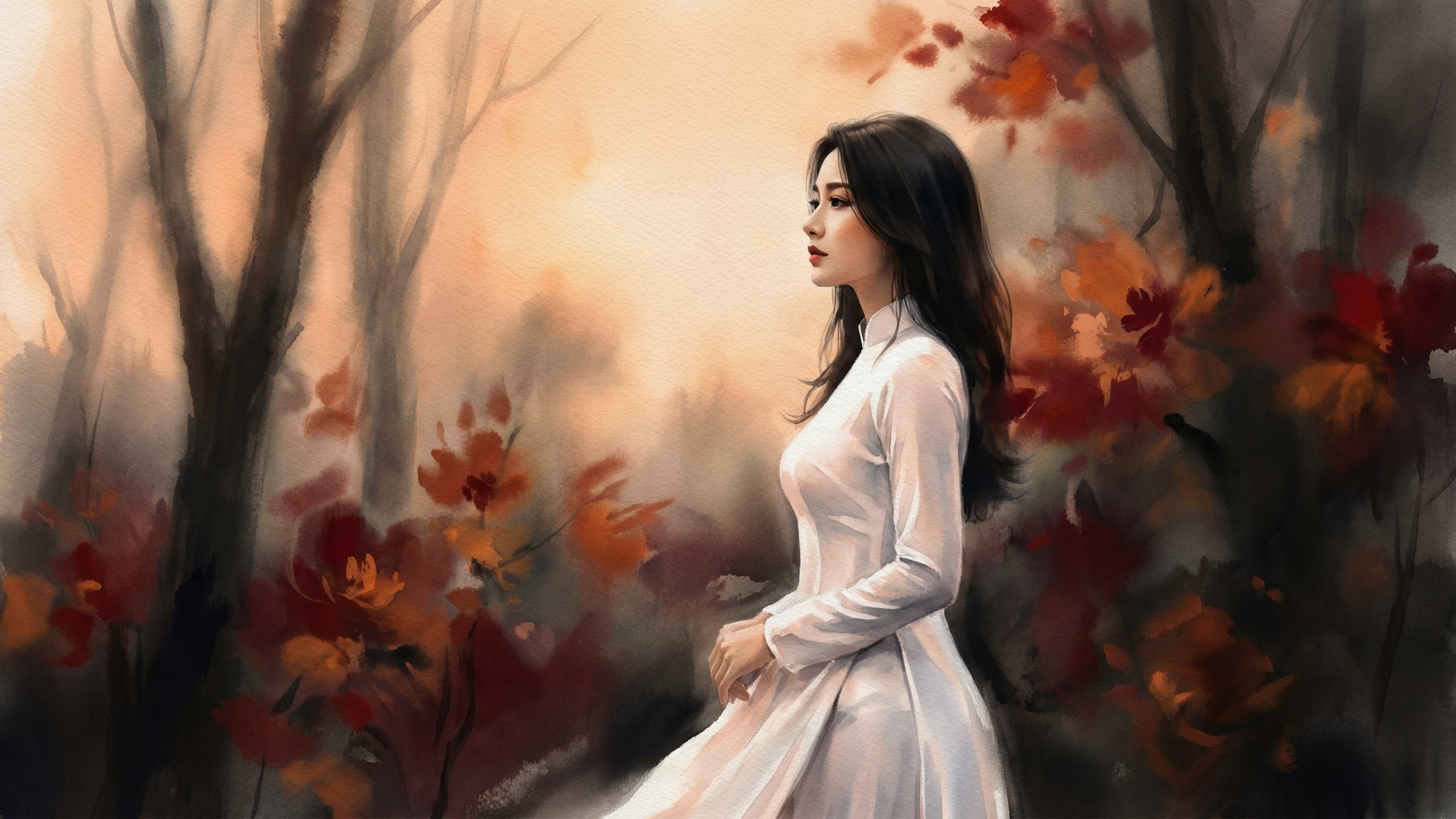 Digital Watercolor of Young Woman in Ao Dai