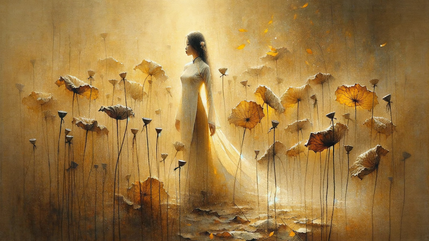 Ethereal figure in serene landscape with lotus flowers