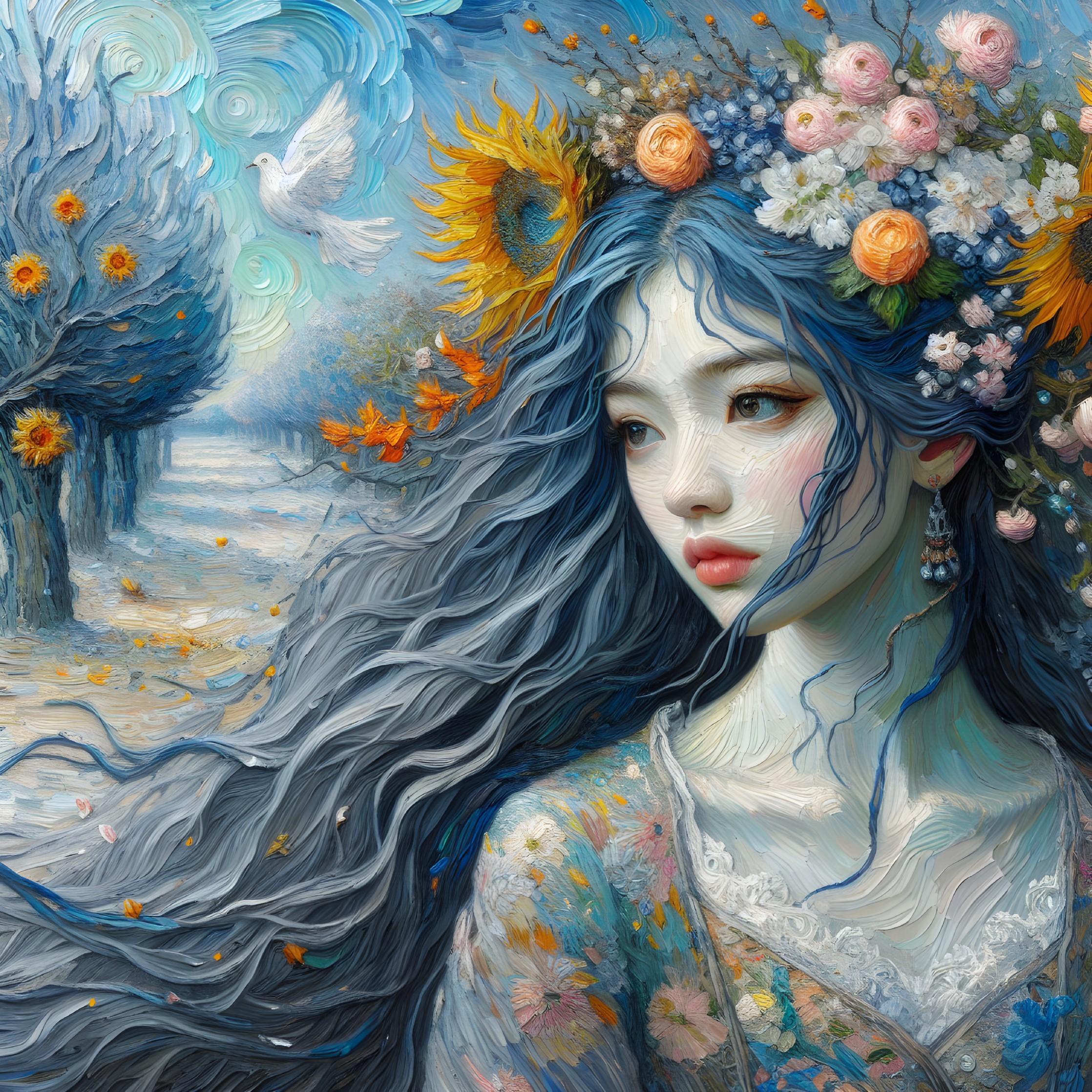 Serene woman with blue hair in a vibrant landscape