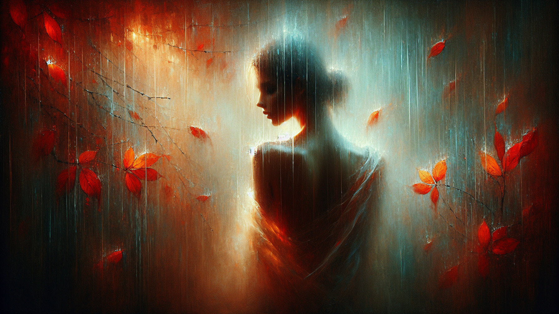 Silhouette of a Woman with Autumn Leaves Background