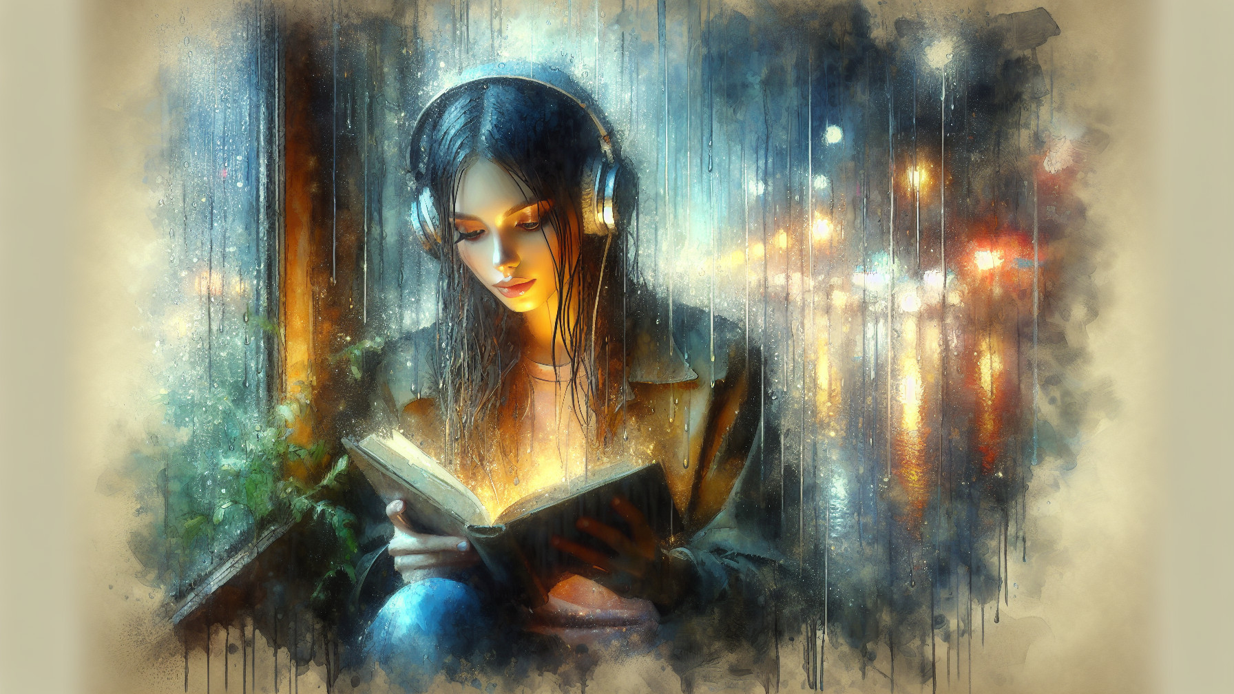 Woman Reading by Window with Rain and City Lights