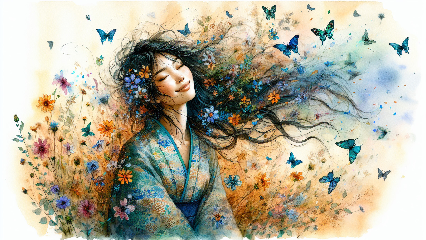 Young Woman in Kimono Surrounded by Flower Field