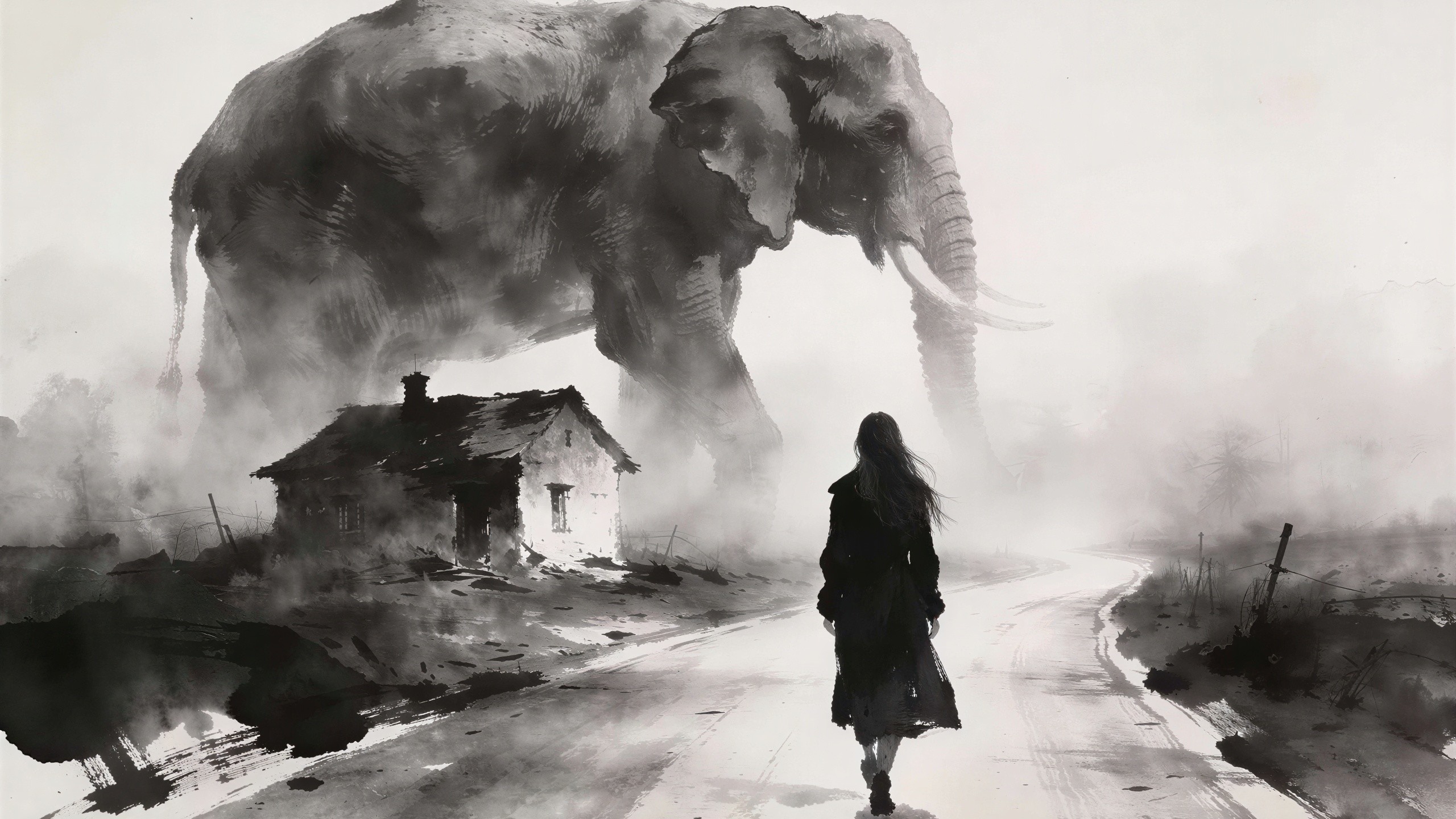 Black and white ink wash painting of a giant elephant