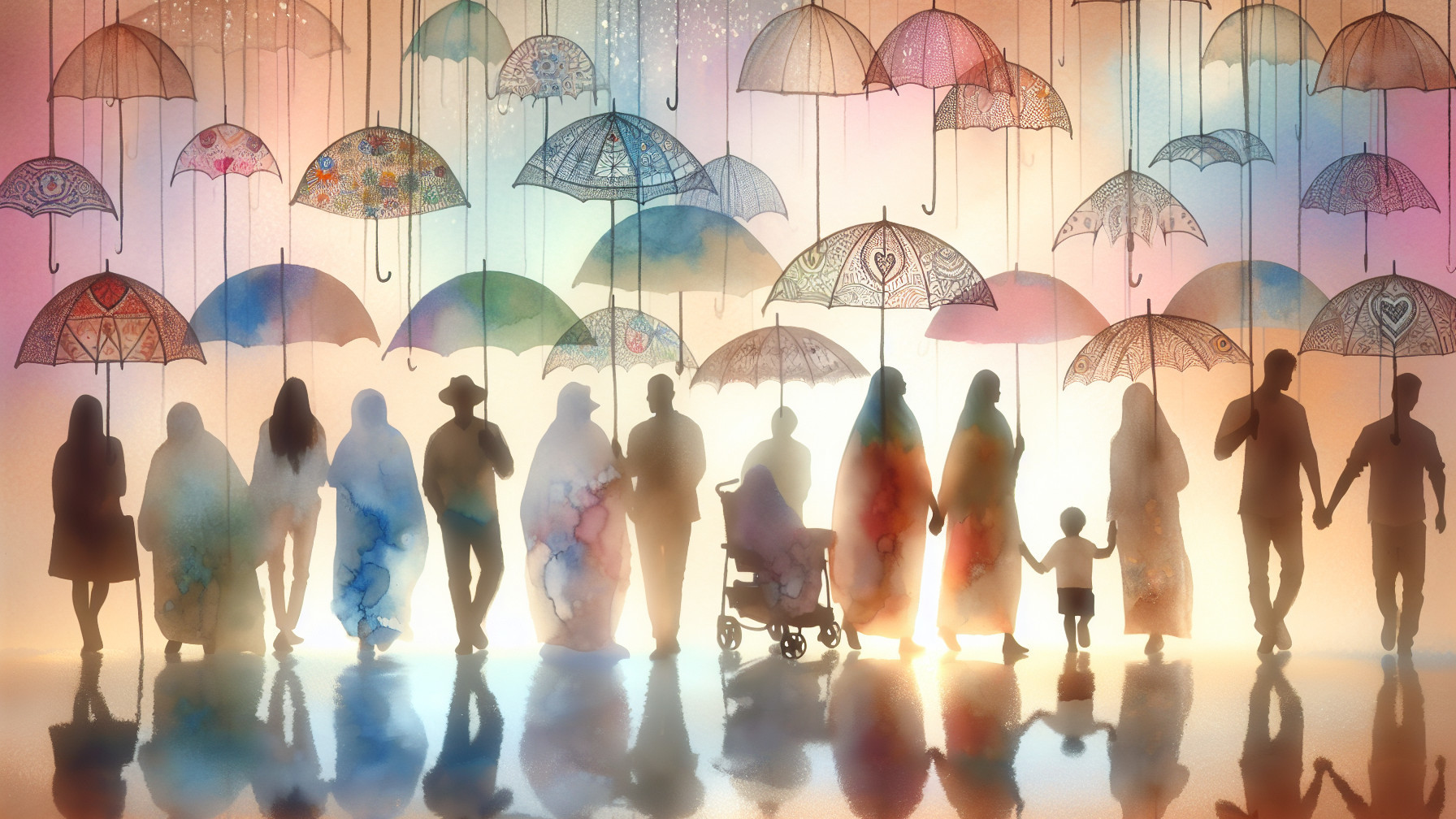 Silhouetted Figures with Colorful Umbrellas in Background