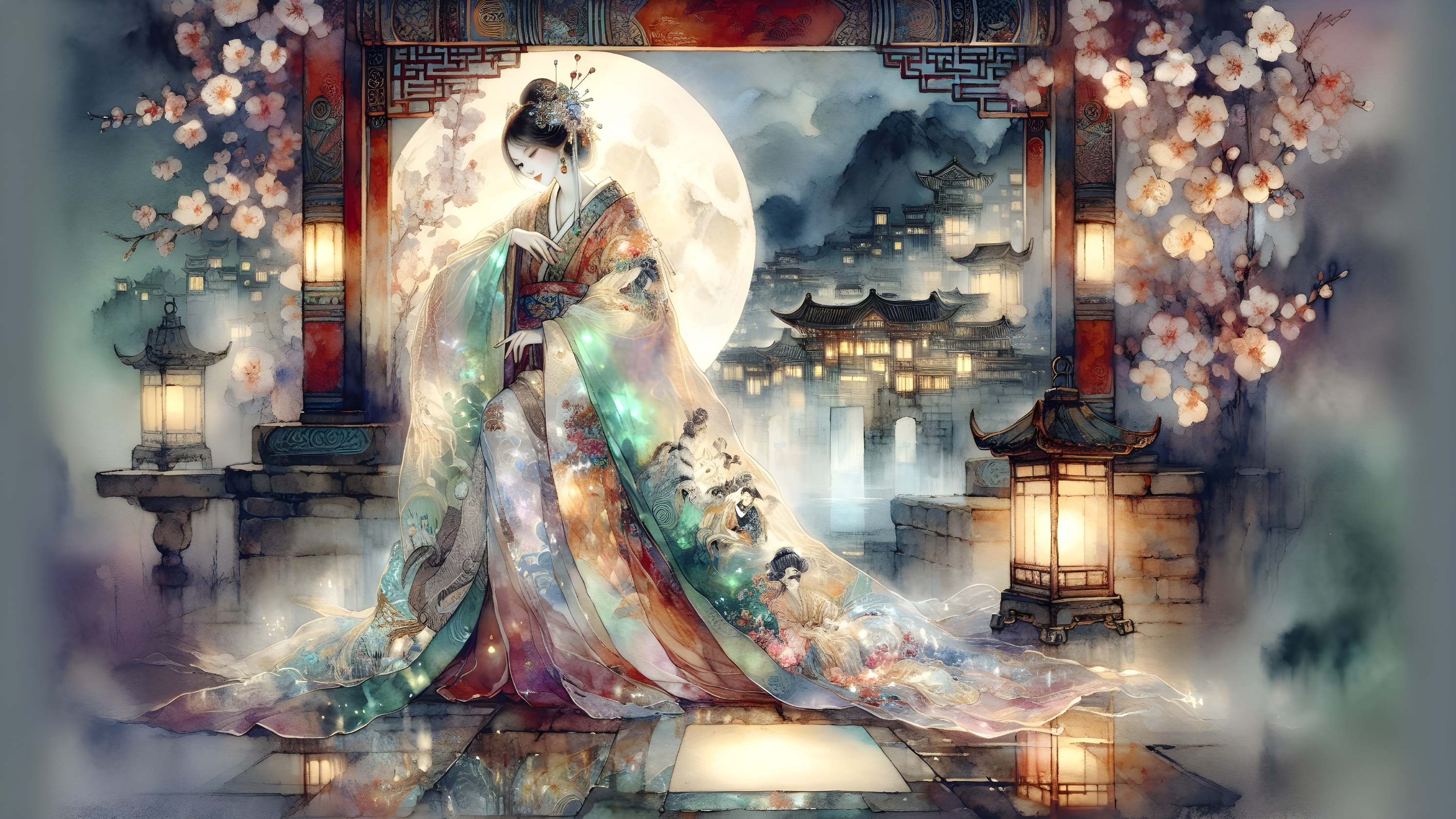 Woman in Colorful Kimono Under Moonlit Cherry Trees
