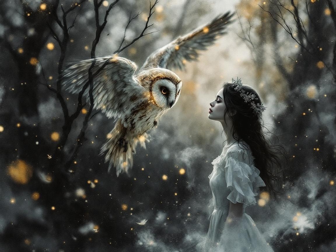 Mystical Forest Scene with Woman and Owl