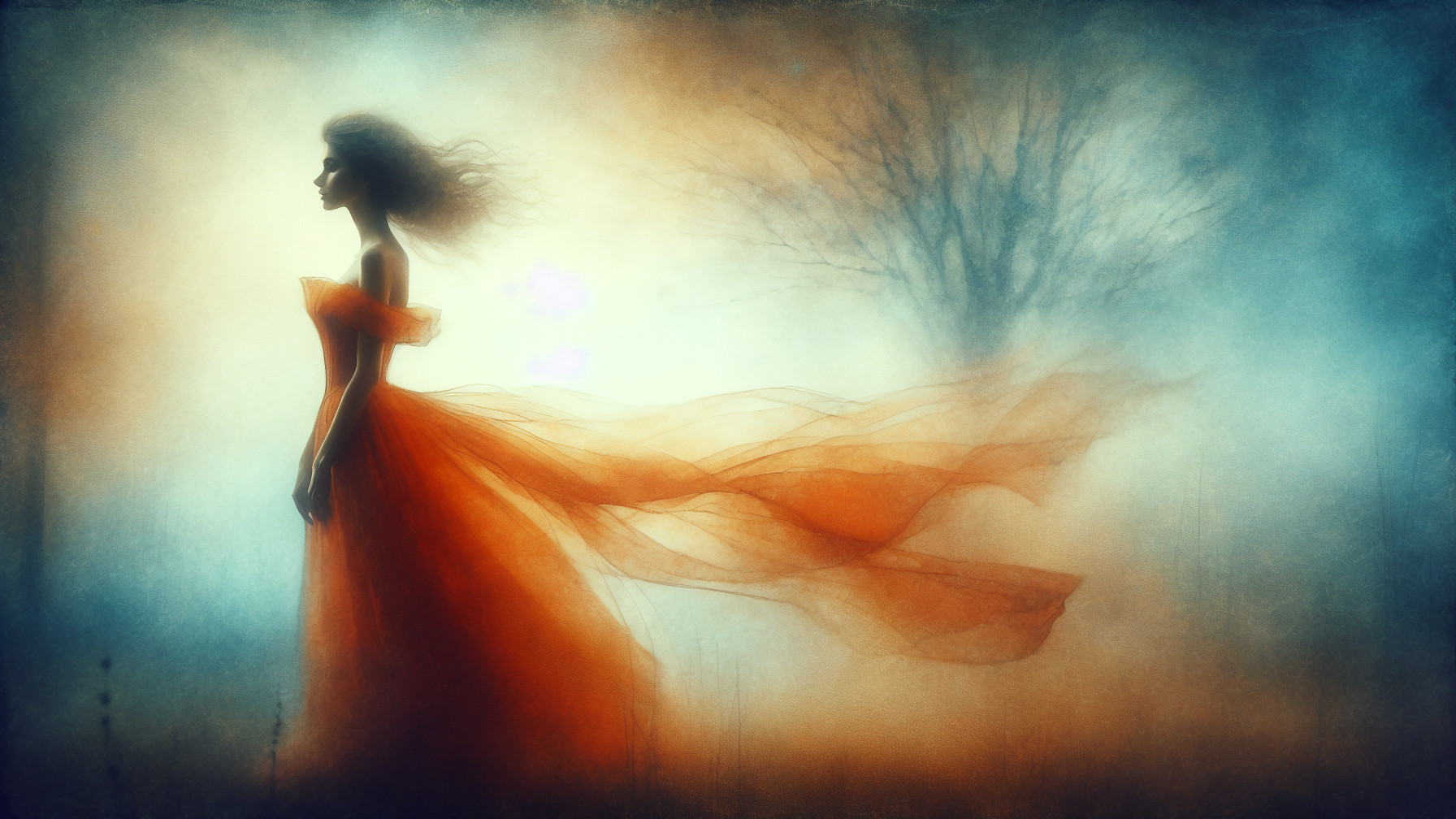 Ethereal Woman in Orange Dress Against Misty Background