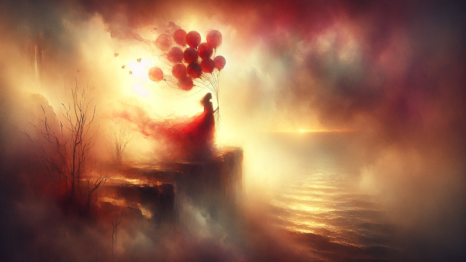 Solitary Figure in Red Dress with Balloons at Sunset