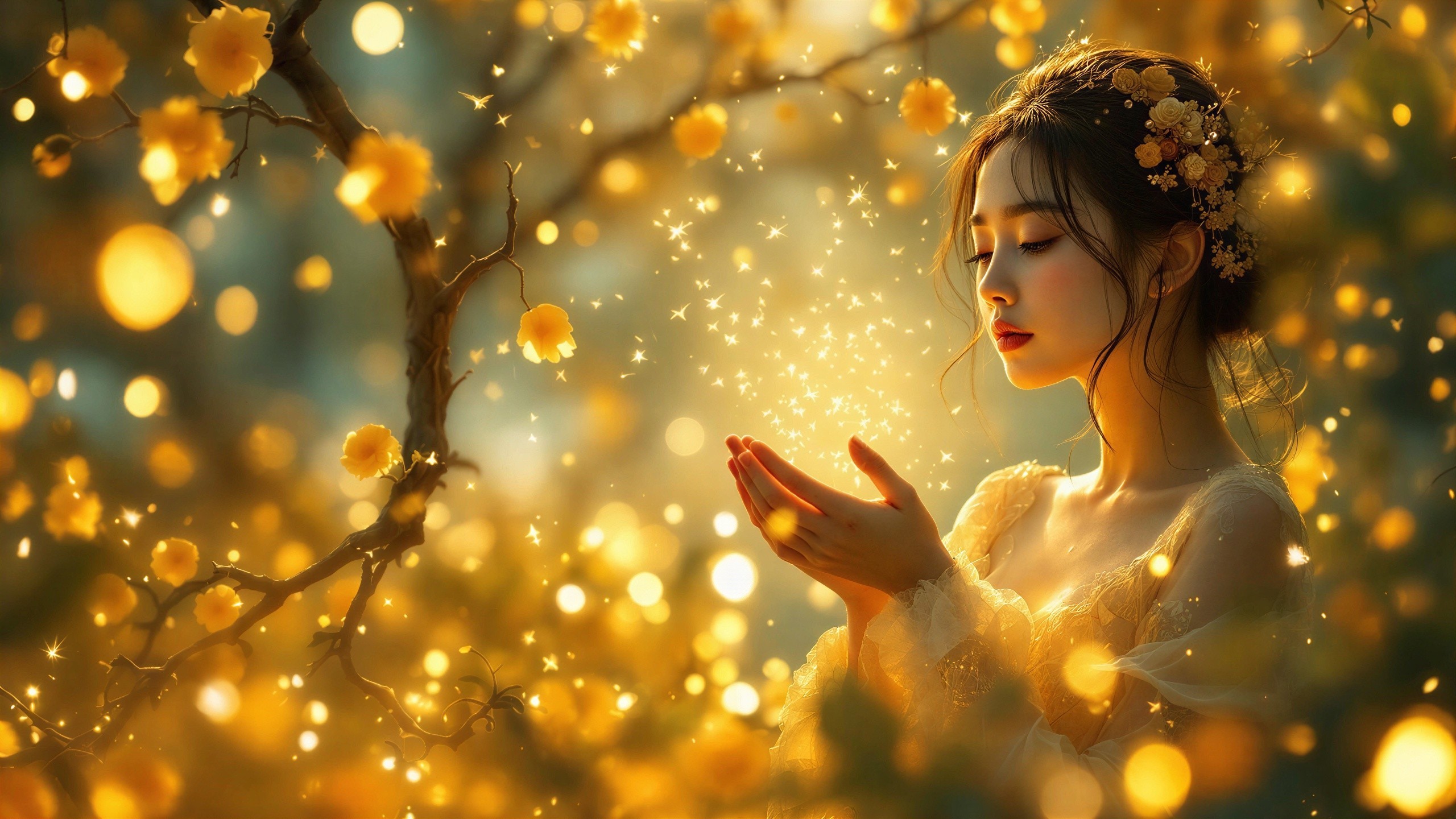 Young woman in golden landscape with ethereal flowers