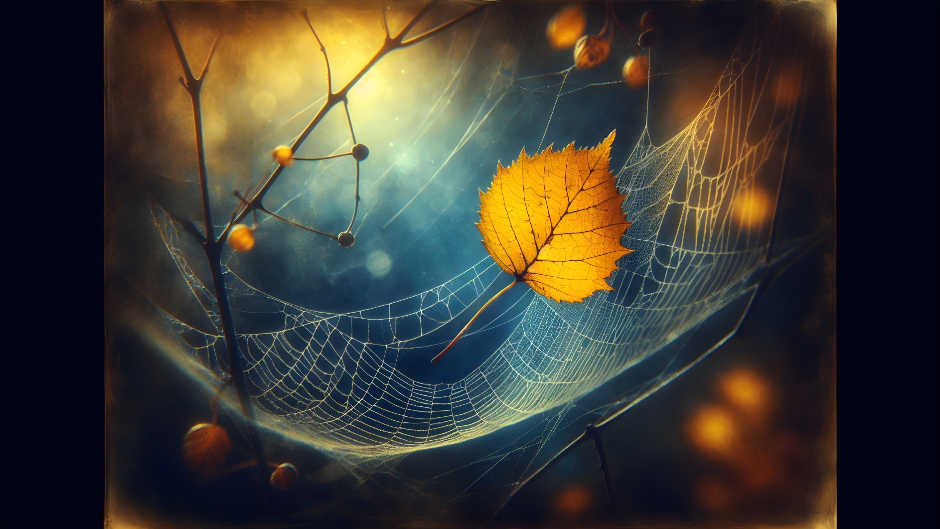 Yellow Leaf in Spider Web Against Soft Background