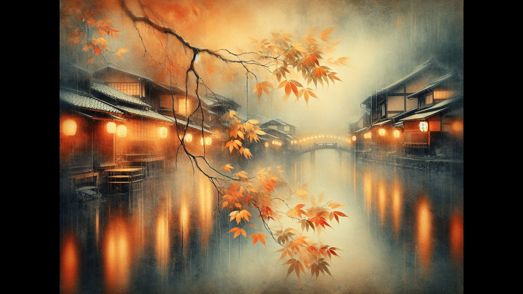 Calm River at Dusk with Lanterns and Maple Leaves